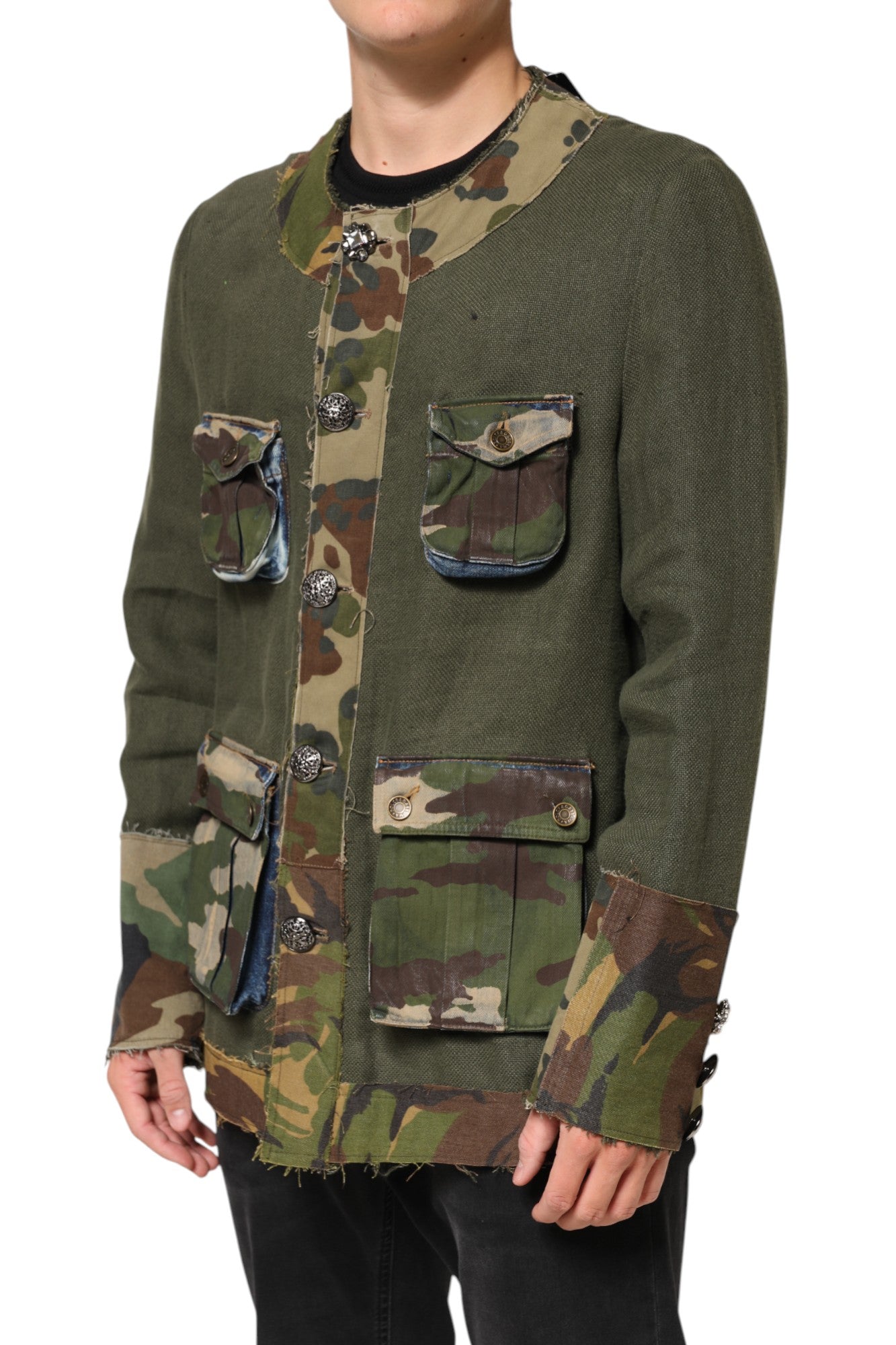 Dolce & Gabbana Braune Camouflage Leinenjacke mit Knopfleiste
