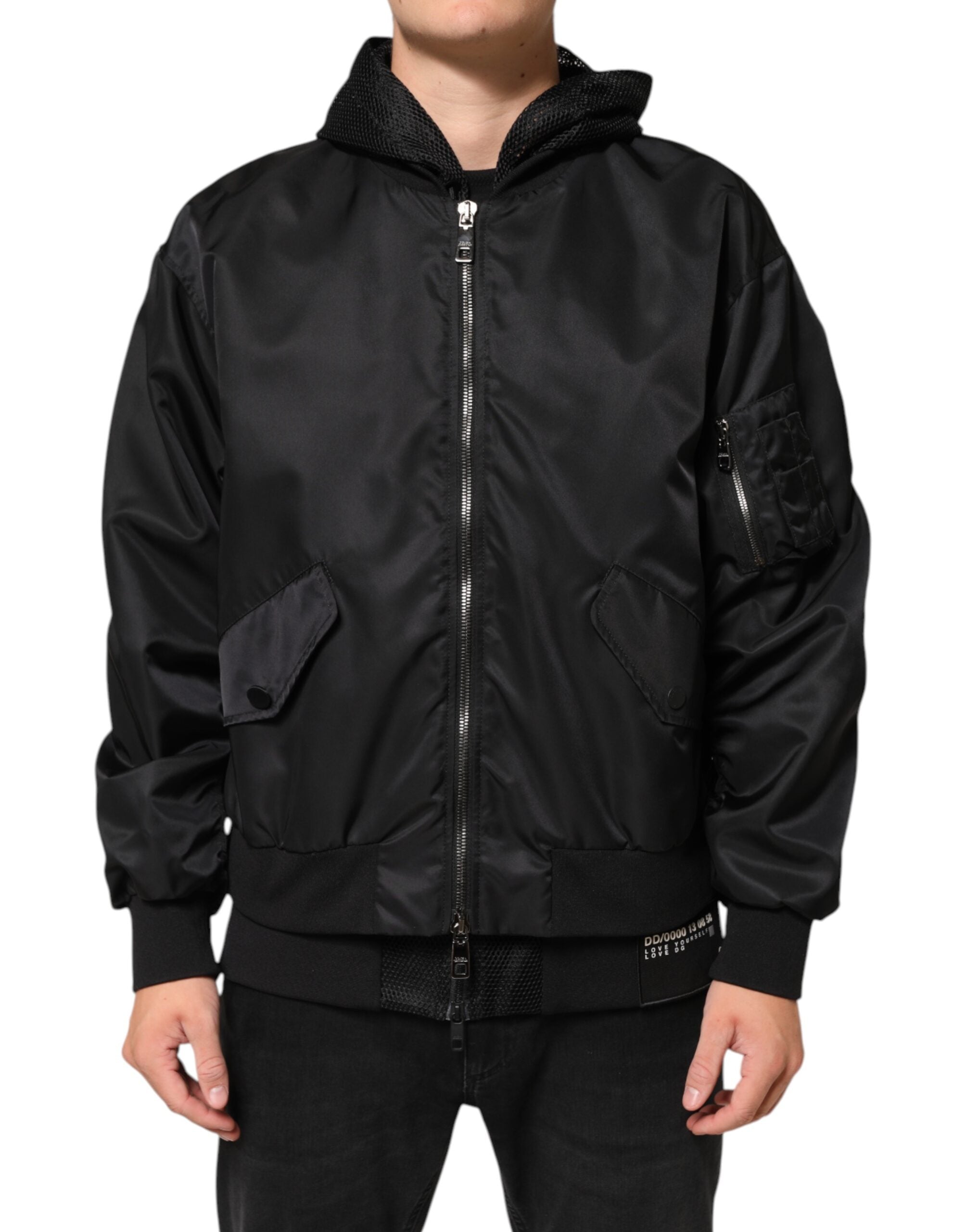 Dolce & Gabbana Schwarze Nylon Bomberjacke mit Kapuze und Reißverschluss für Männer