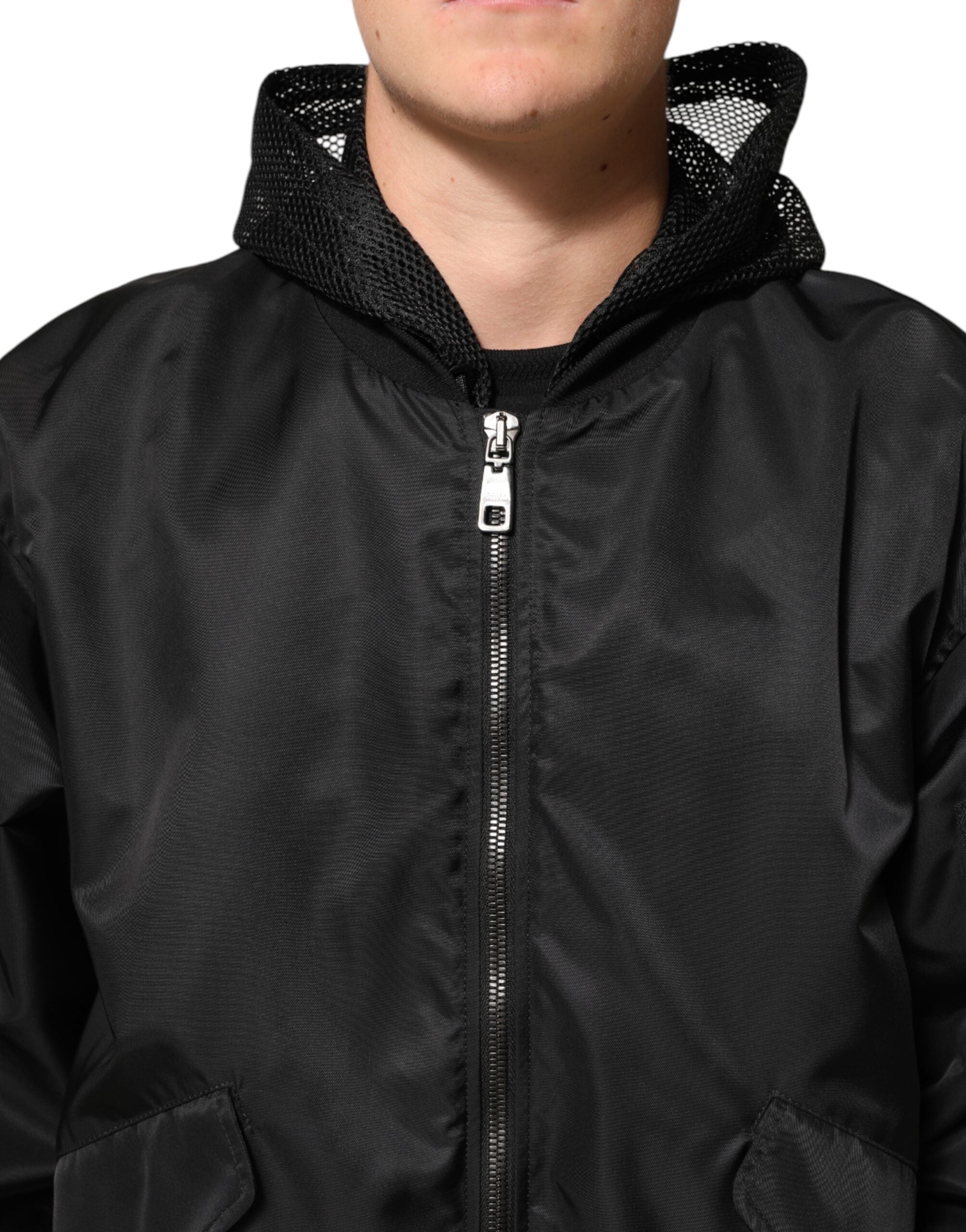 Dolce & Gabbana Schwarze Nylon Bomberjacke mit Kapuze und Reißverschluss für Männer