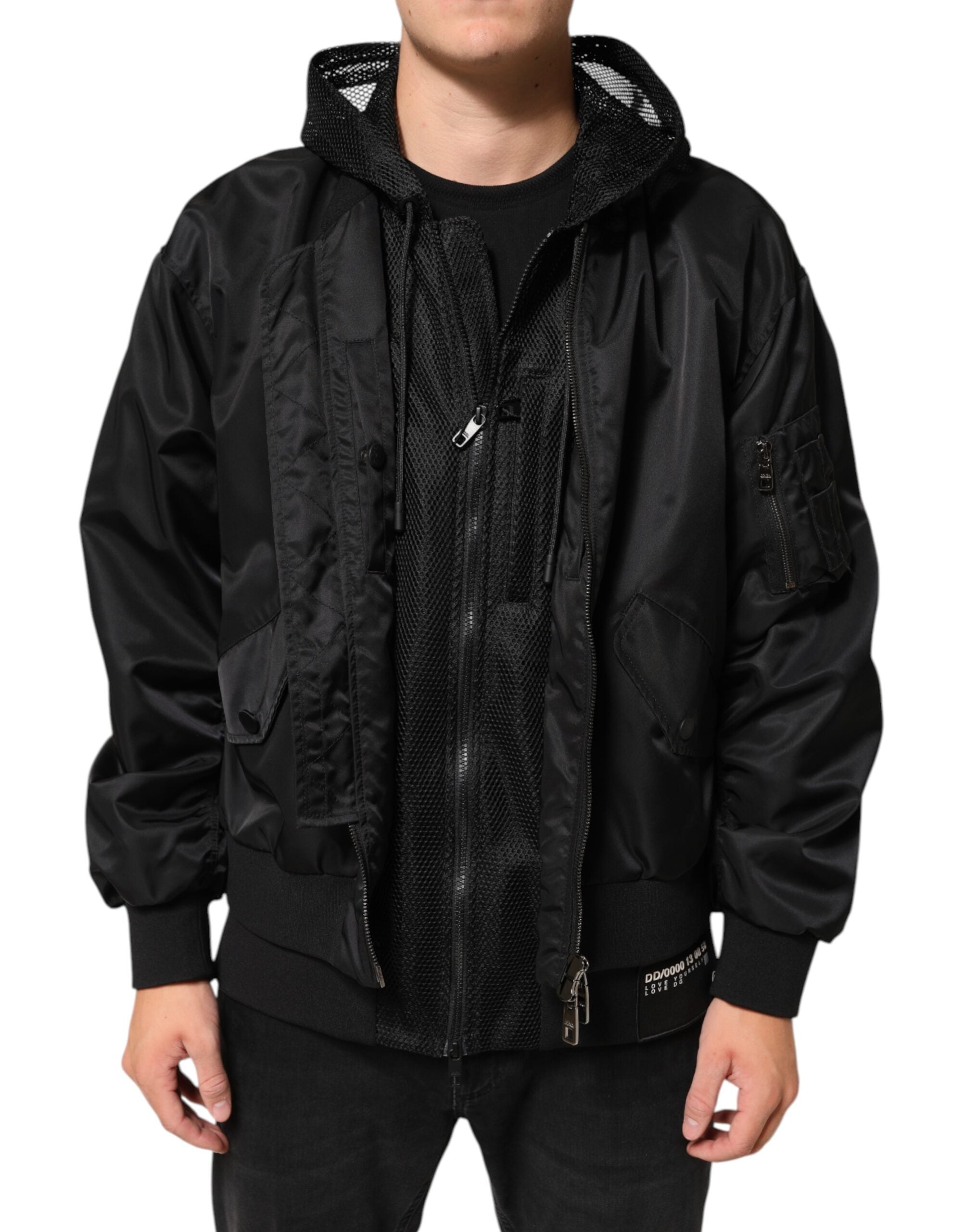 Dolce & Gabbana Schwarze Nylon Bomberjacke mit Kapuze und Reißverschluss für Männer