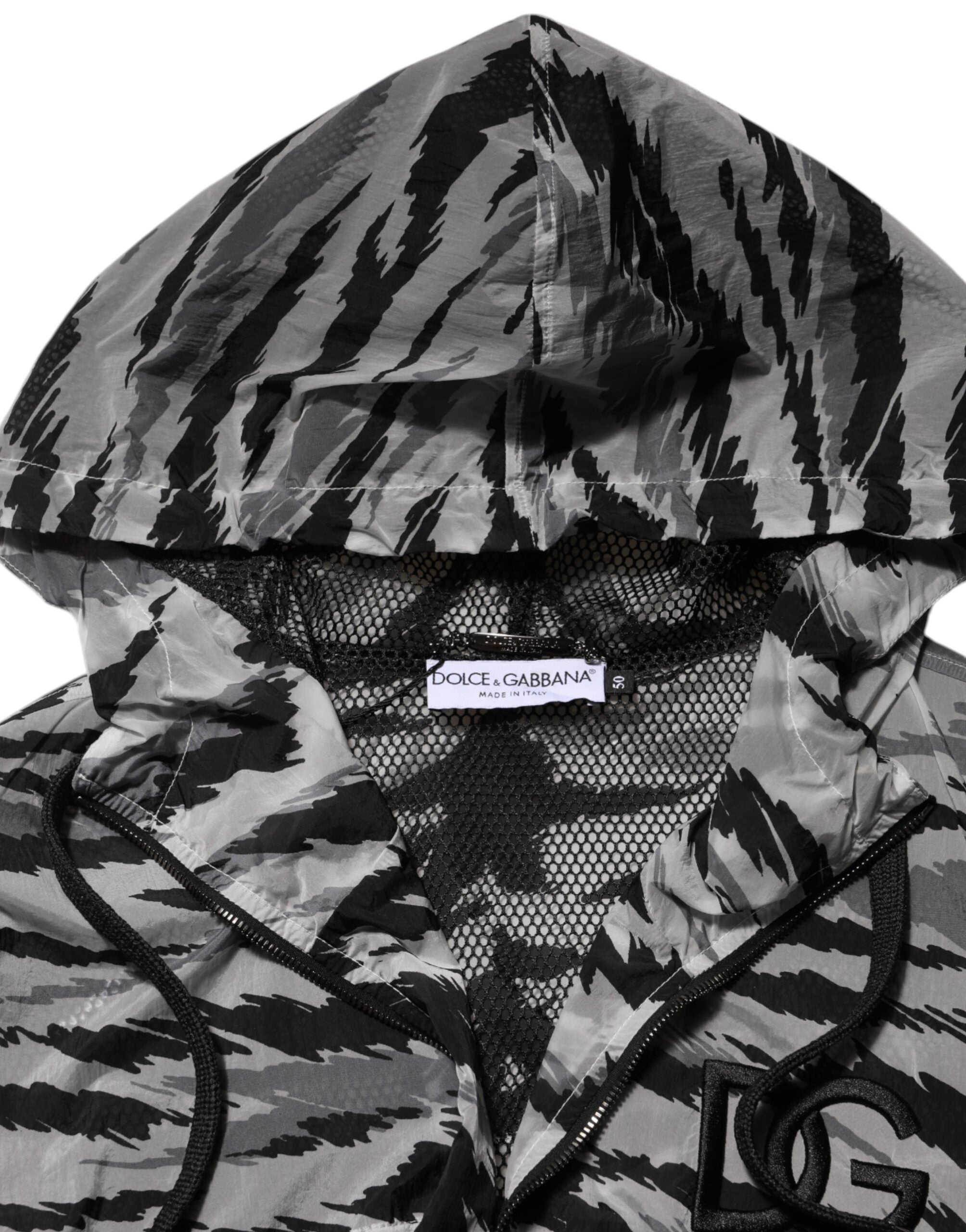 Dolce & Gabbana Graue Sweatshirt-Jacke mit Tarnmuster und Kapuze