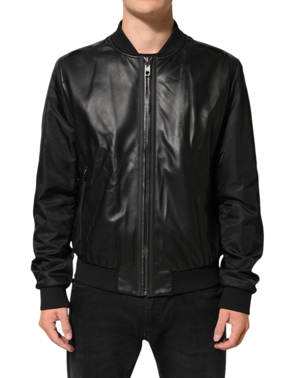 Dolce & Gabbana Schwarzes Leder Nylon FullZip Blouson Jacke
