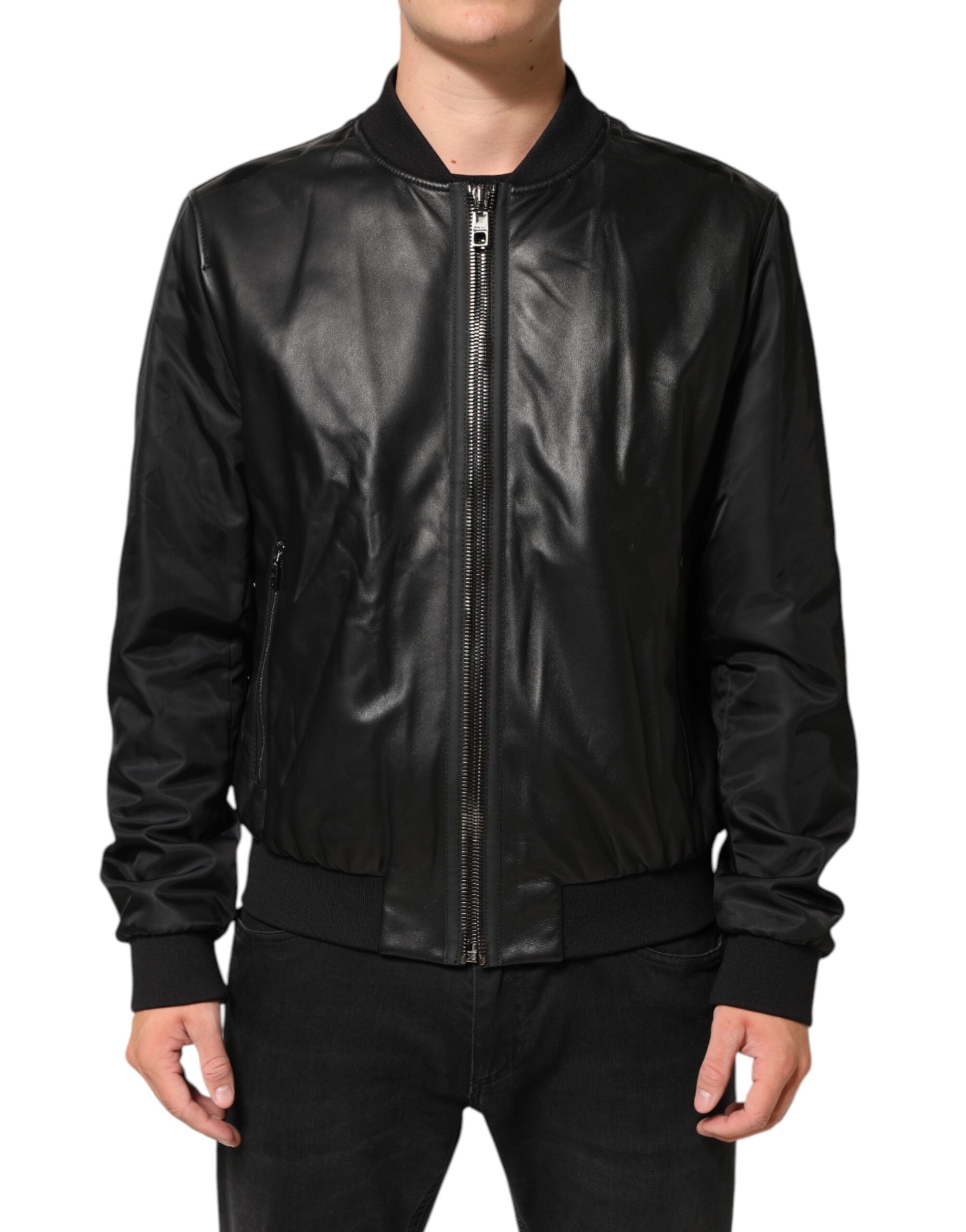 Dolce & Gabbana Schwarzes Leder Nylon FullZip Blouson Jacke