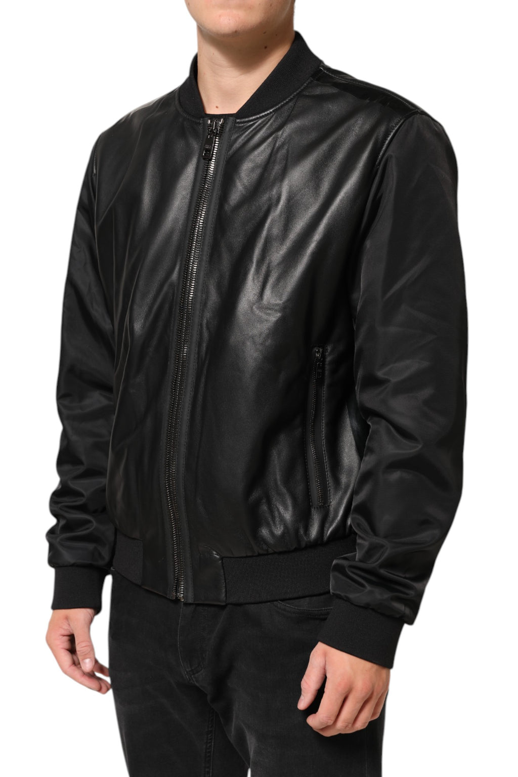 Dolce & Gabbana Schwarzes Leder Nylon FullZip Blouson Jacke