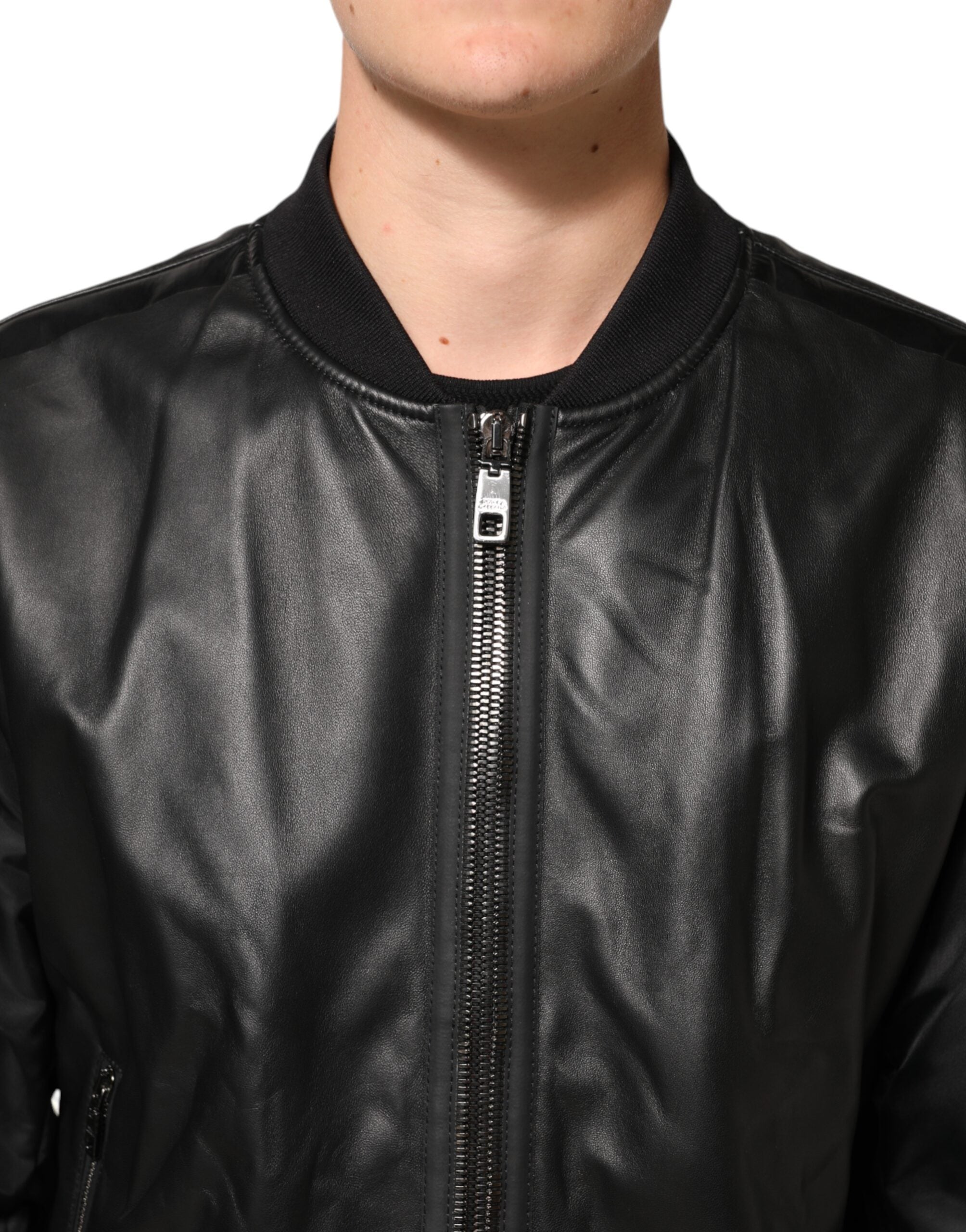 Dolce & Gabbana Schwarzes Leder Nylon FullZip Blouson Jacke