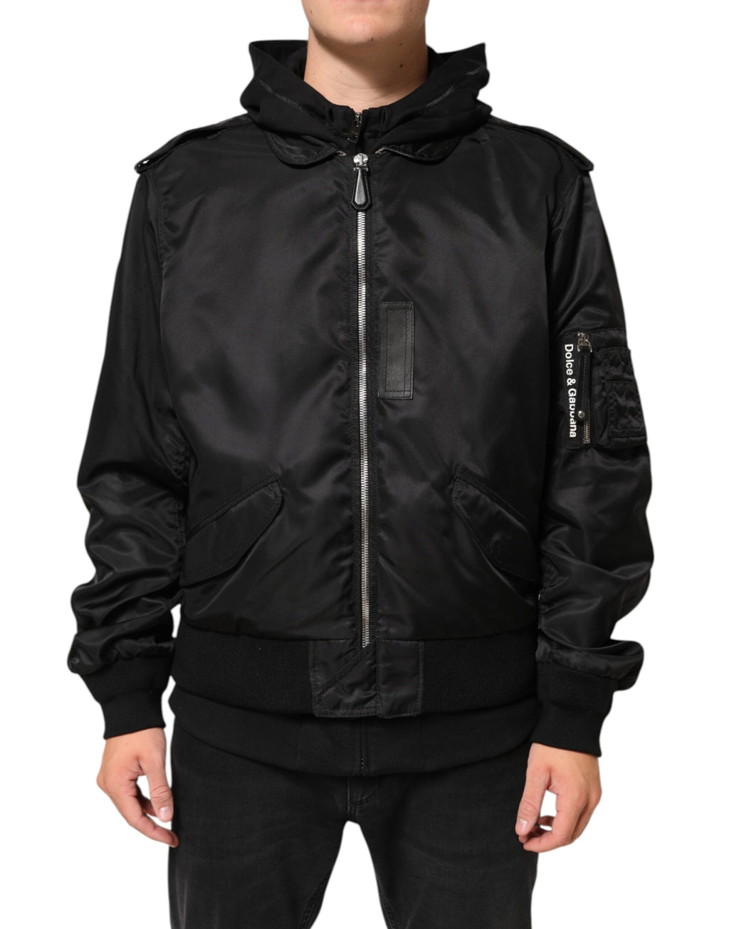 Dolce & Gabbana Schwarze Baumwoll-Bomberjacke mit Kapuze und durchgehendem Reißverschluss