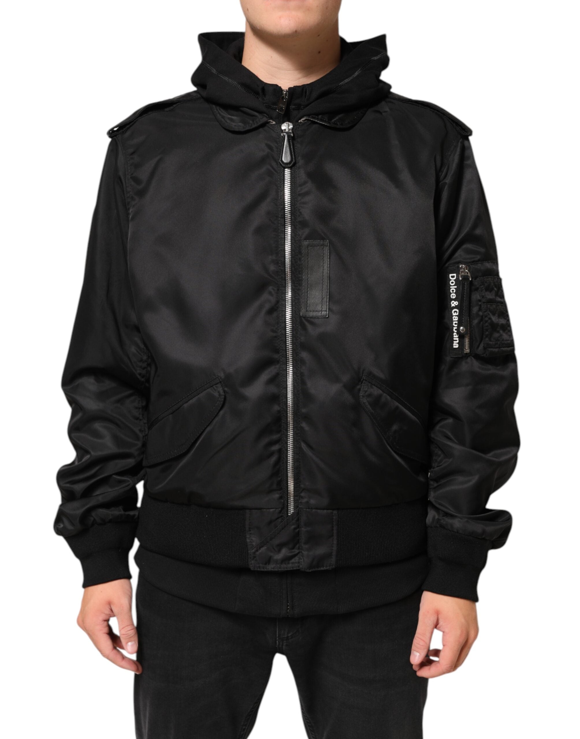 Dolce & Gabbana Schwarze Baumwoll-Bomberjacke mit Kapuze und durchgehendem Reißverschluss