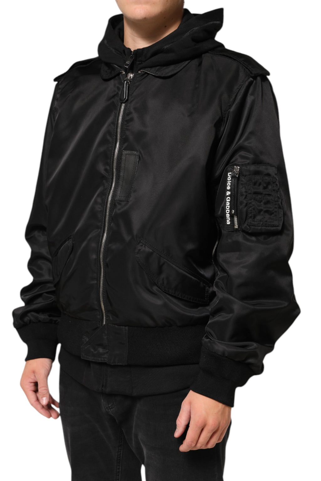 Dolce & Gabbana Schwarze Baumwoll-Bomberjacke mit Kapuze und durchgehendem Reißverschluss