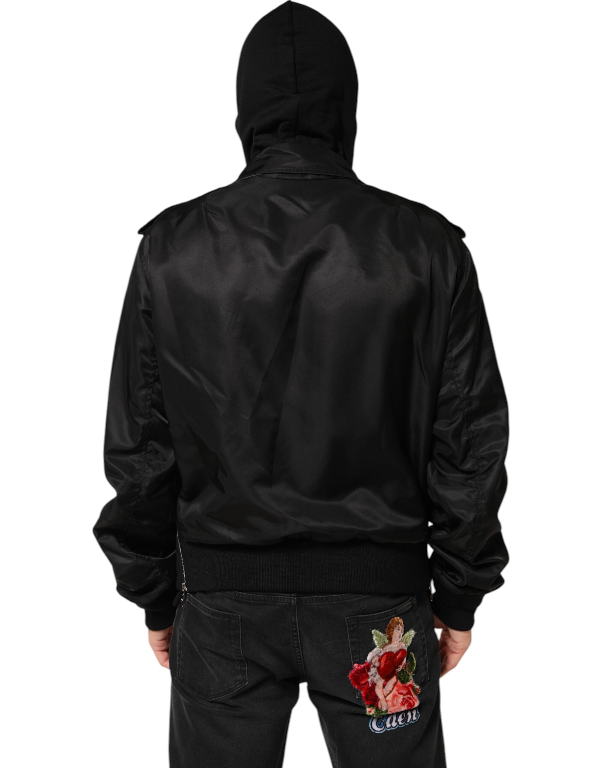 Dolce & Gabbana Schwarze Baumwoll-Bomberjacke mit Kapuze und durchgehendem Reißverschluss