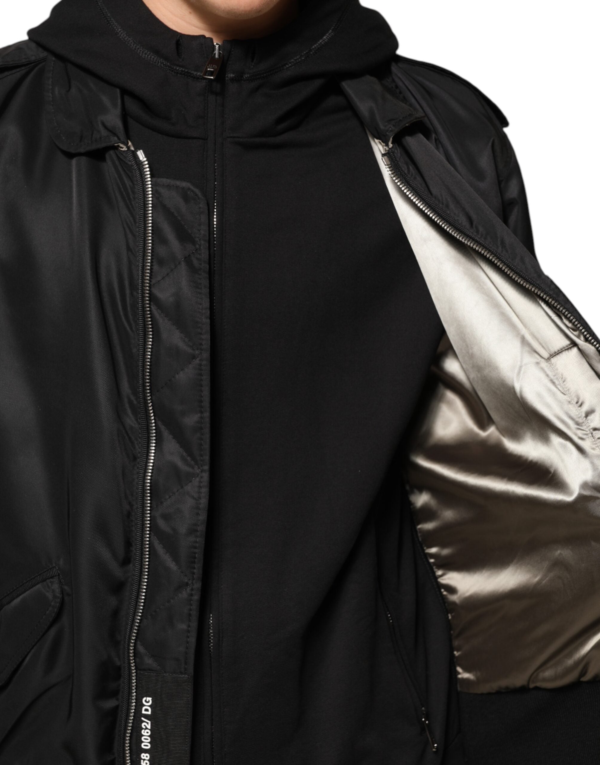 Dolce & Gabbana Schwarze Baumwoll-Bomberjacke mit Kapuze und durchgehendem Reißverschluss