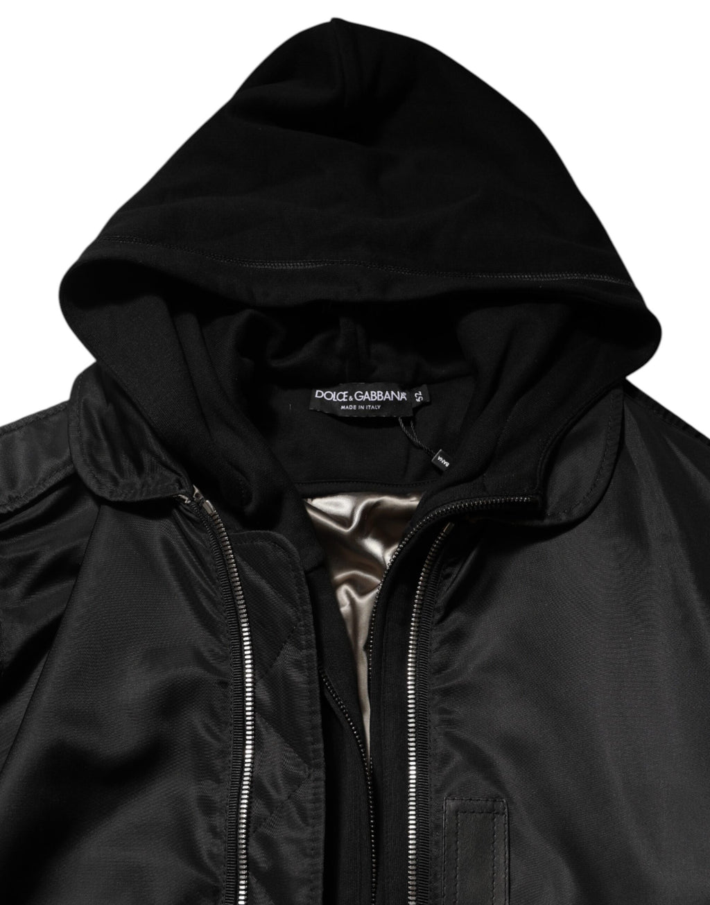 Dolce & Gabbana Schwarze Baumwoll-Bomberjacke mit Kapuze und durchgehendem Reißverschluss