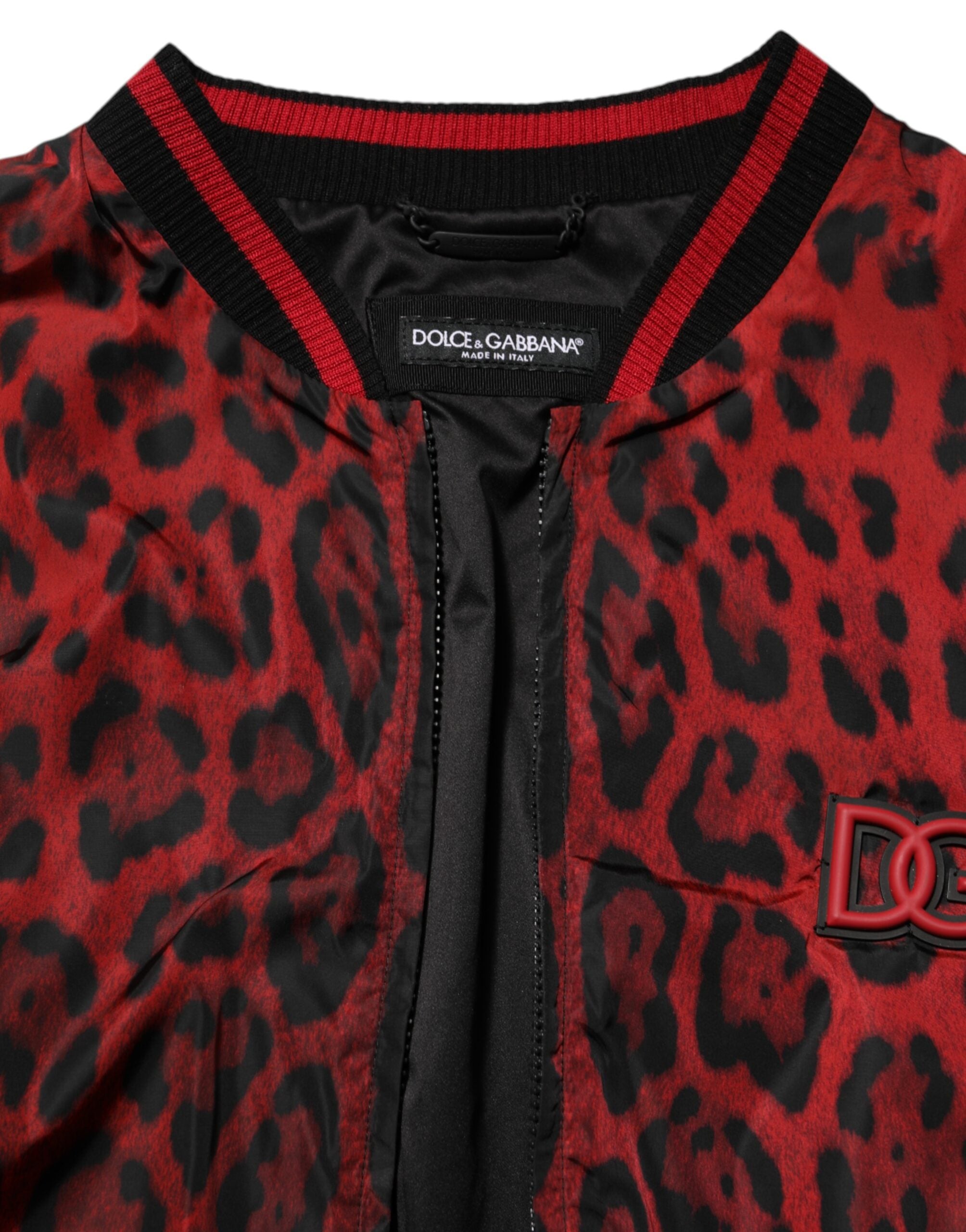 Dolce & Gabbana Rote Leopard Print Bomber Männer Jacke mit Reißverschluss