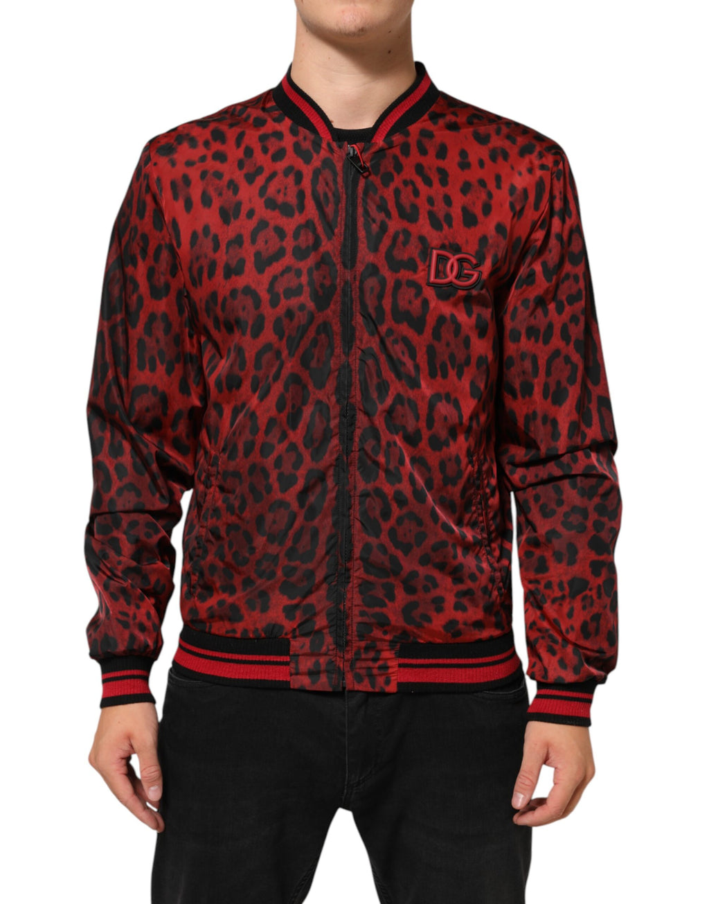 Dolce & Gabbana Rote Bomberjacke mit Leopardenmuster und durchgehendem Reißverschluss für Herren