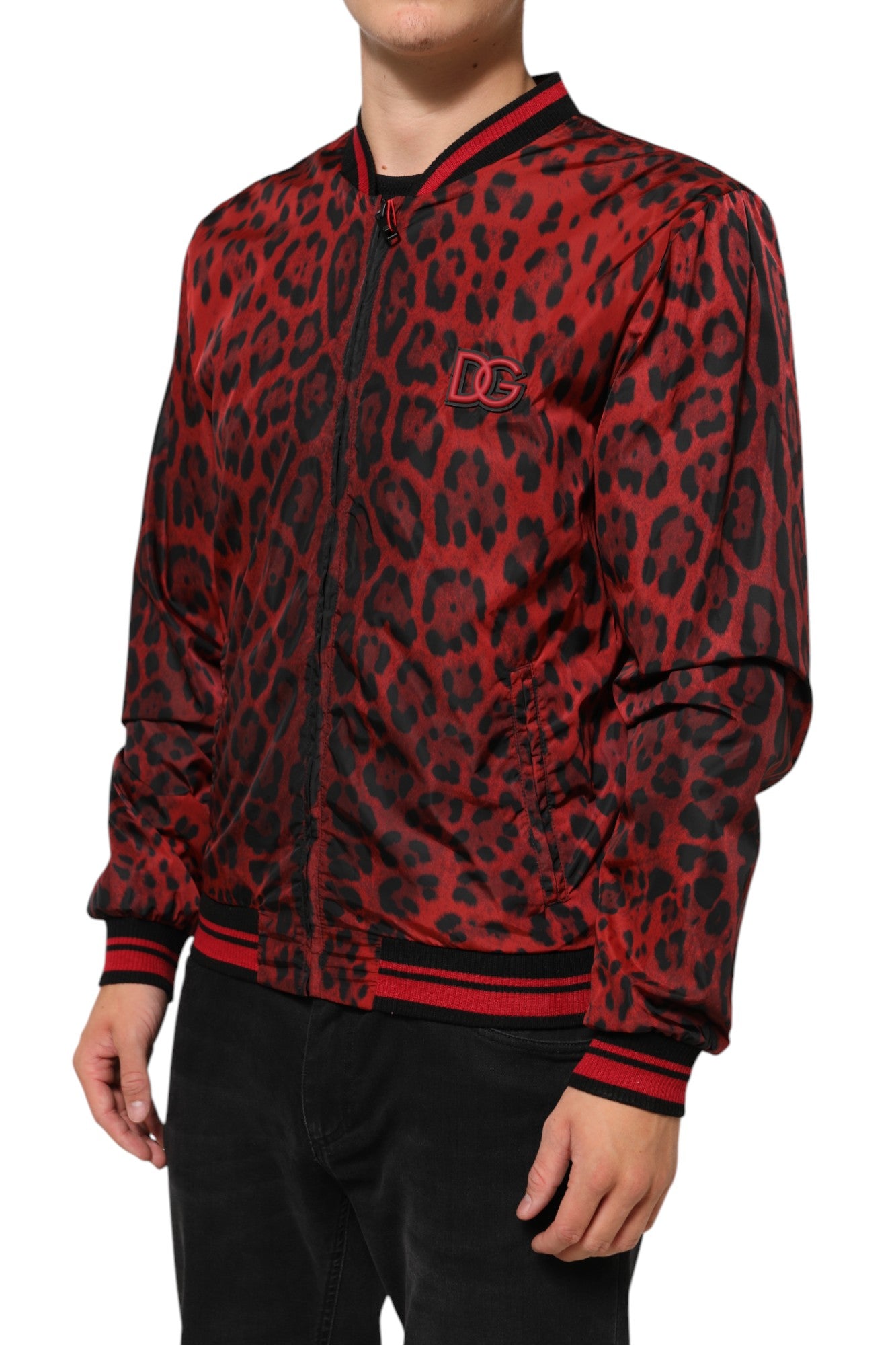 Dolce & Gabbana Rote Leopard Print Bomber Männer Jacke mit Reißverschluss