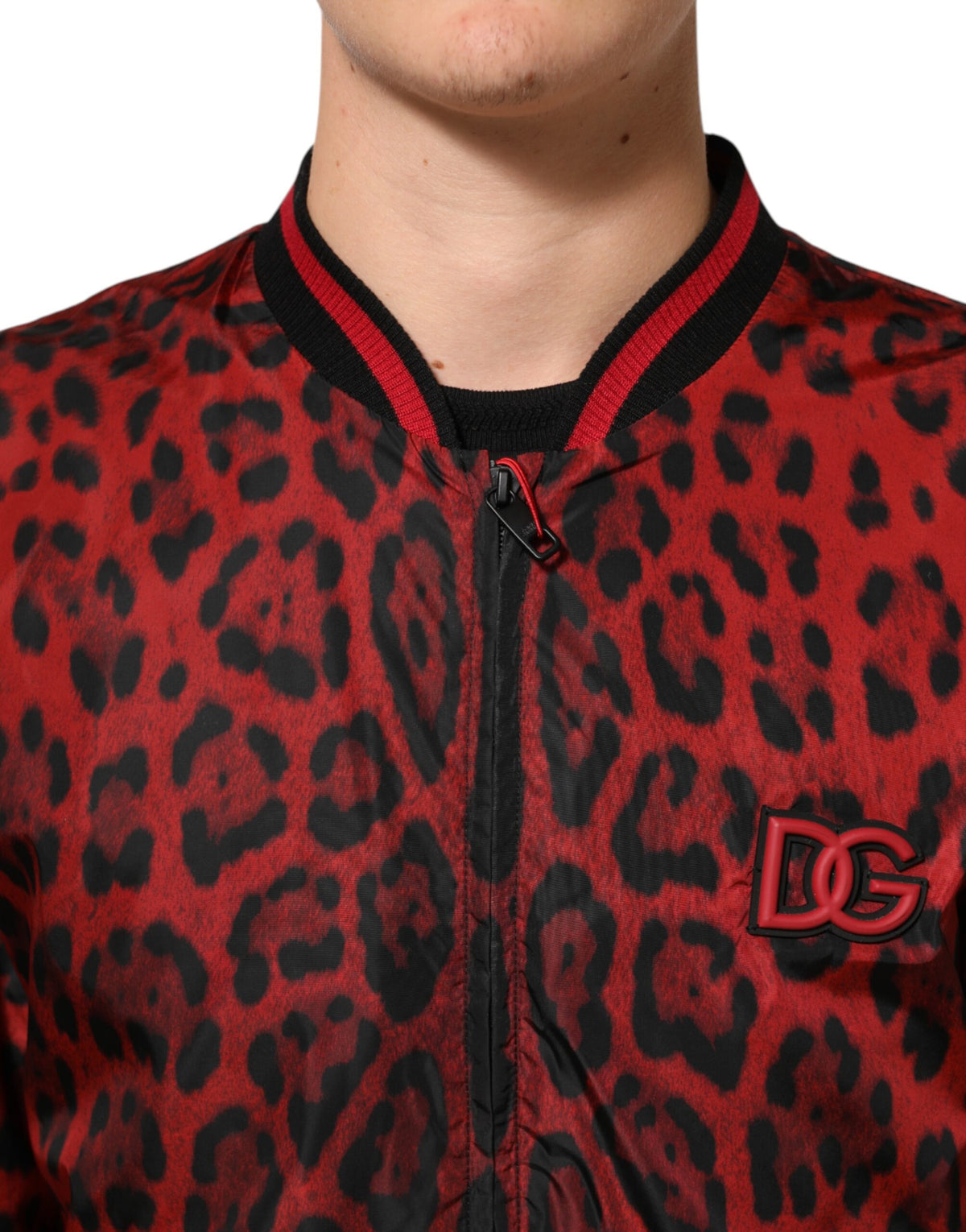 Dolce & Gabbana Rote Bomberjacke mit Leopardenmuster und durchgehendem Reißverschluss für Herren