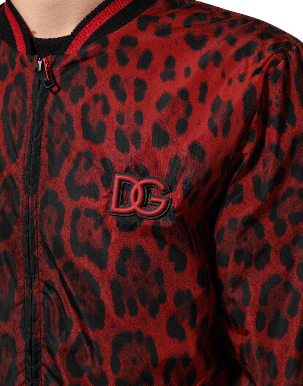 Dolce & Gabbana Rote Bomberjacke mit Leopardenmuster und durchgehendem Reißverschluss für Herren