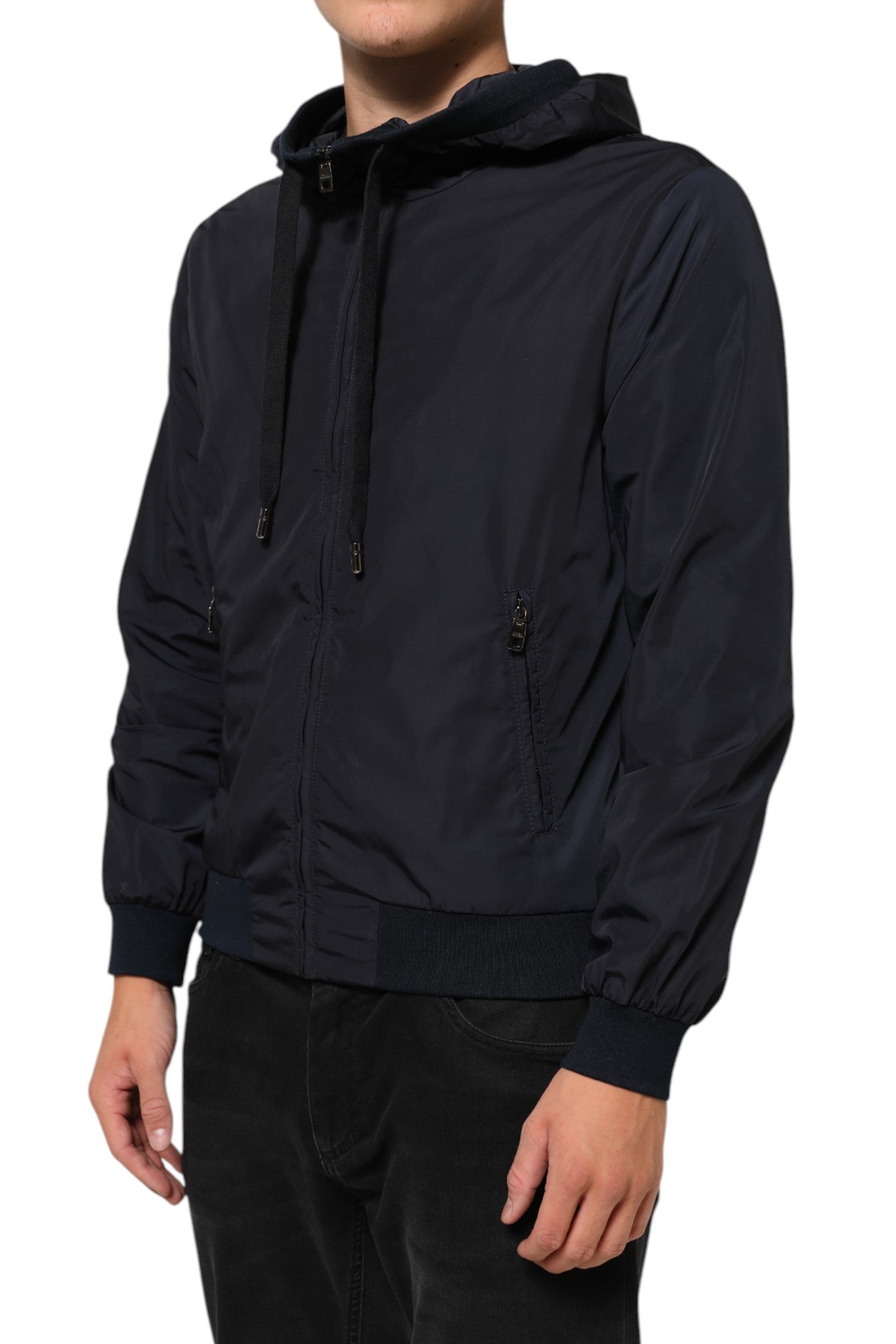 Dolce & Gabbana Blaue Logo Tape Bomberjacke mit Kapuze und Reißverschluss