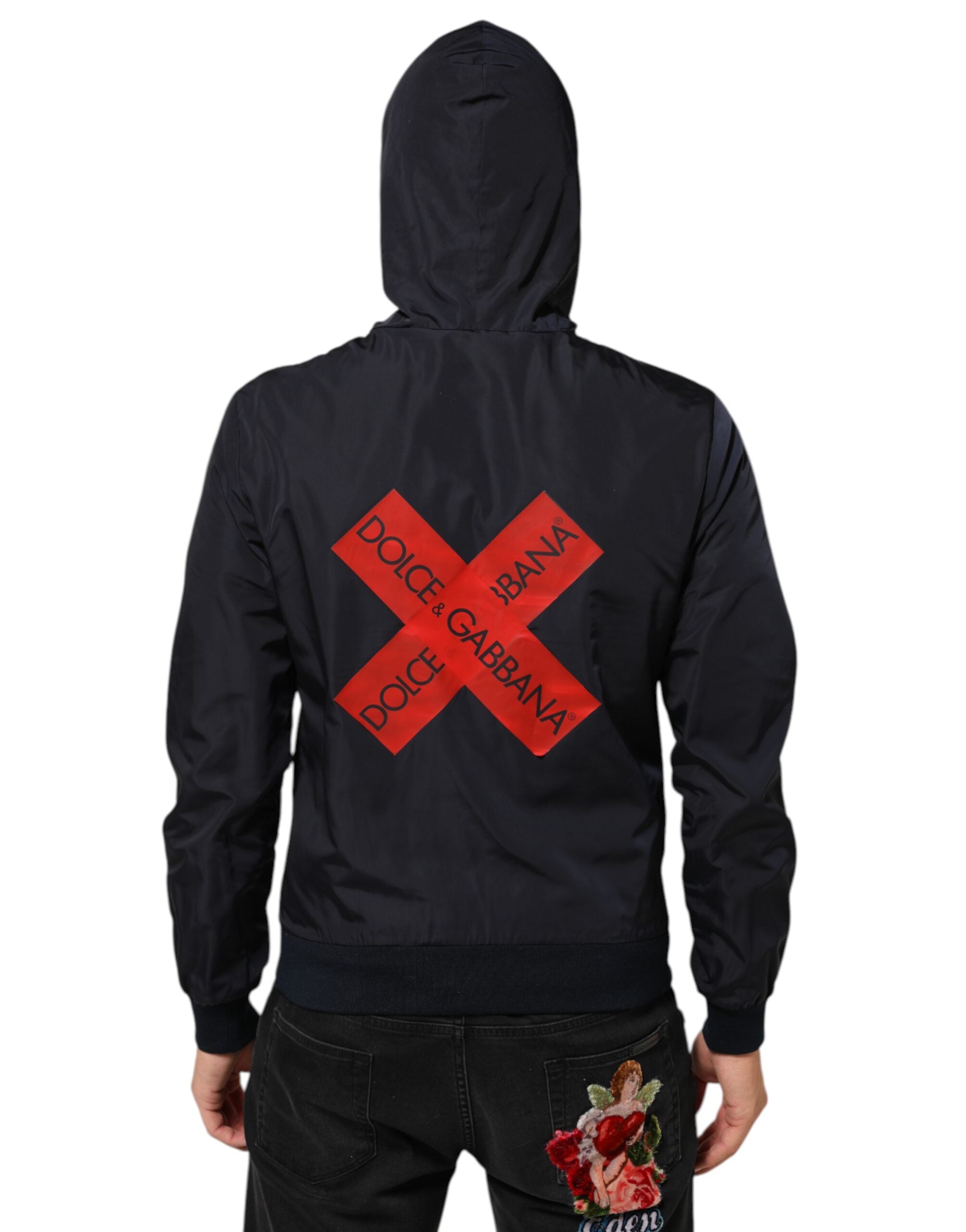 Dolce & Gabbana Blaue Logo Tape Bomberjacke mit Kapuze und Reißverschluss