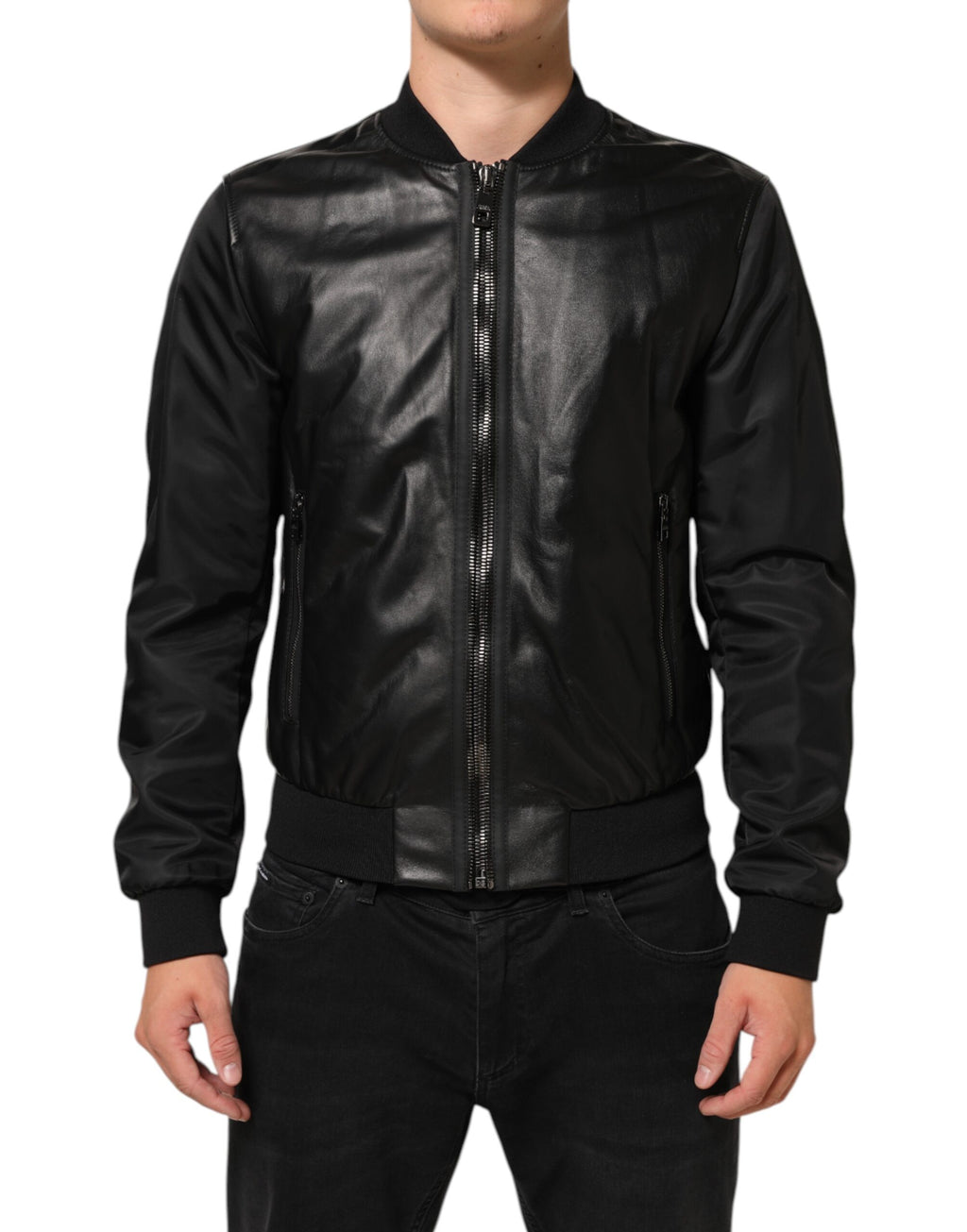 Dolce & Gabbana Schwarzes Leder Nylon FullZip Blouson Jacke