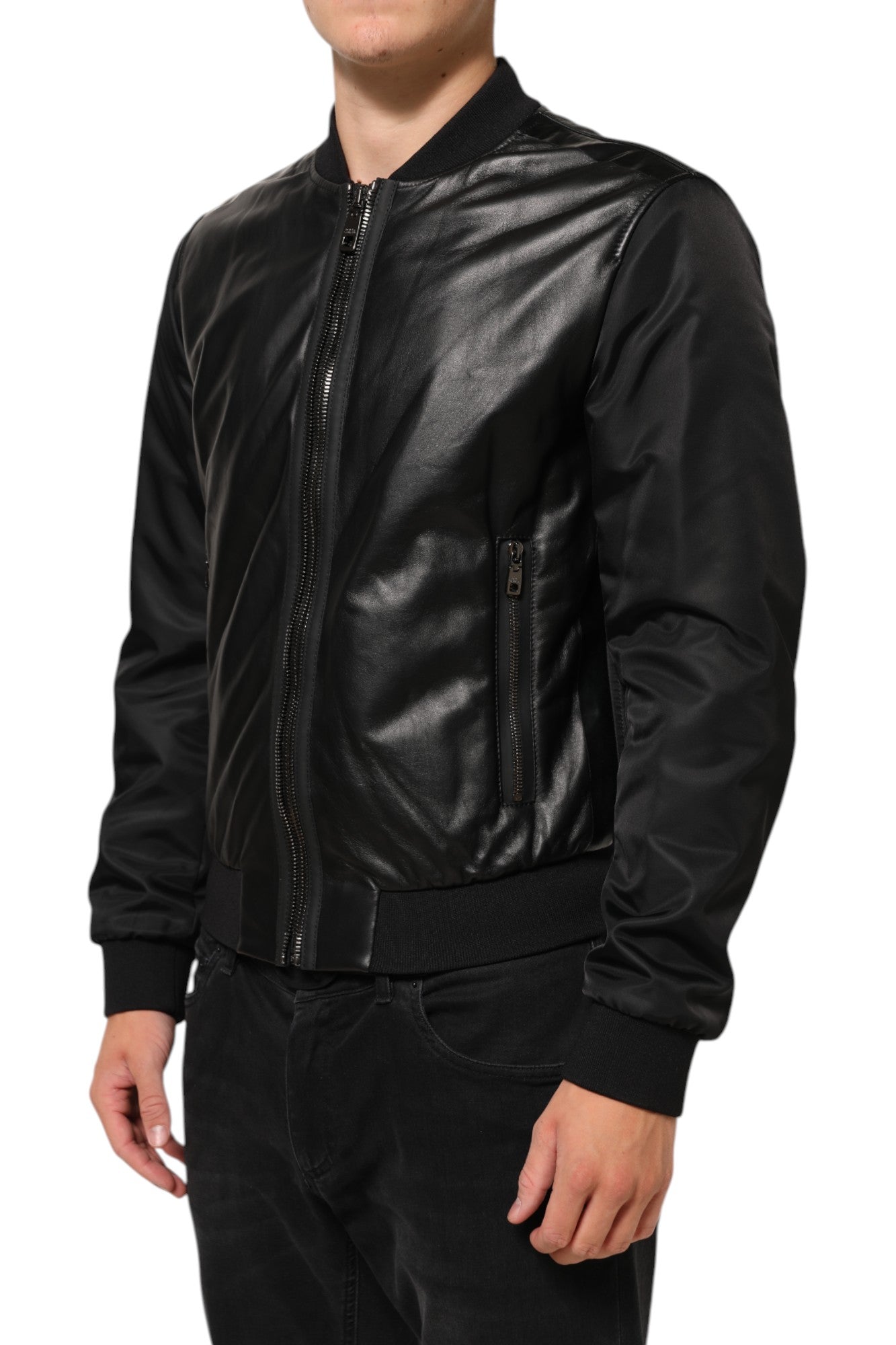 Dolce & Gabbana Schwarzes Leder Nylon FullZip Blouson Jacke