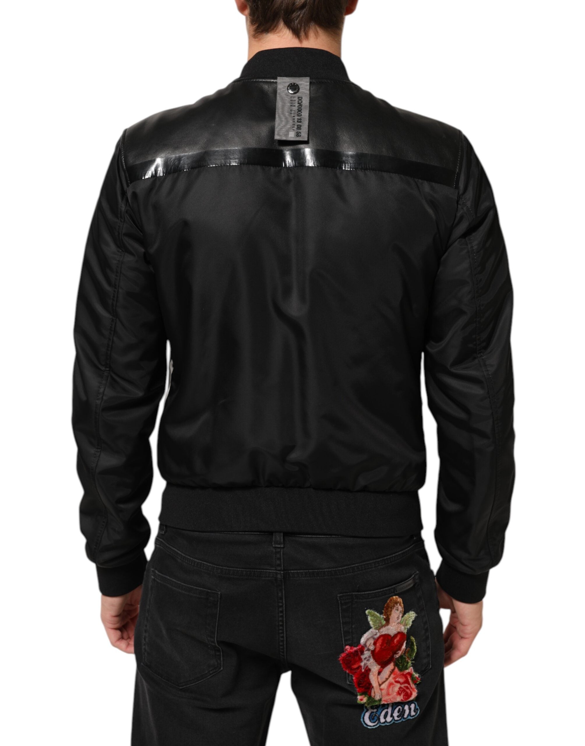 Dolce & Gabbana Schwarzes Leder Nylon FullZip Blouson Jacke