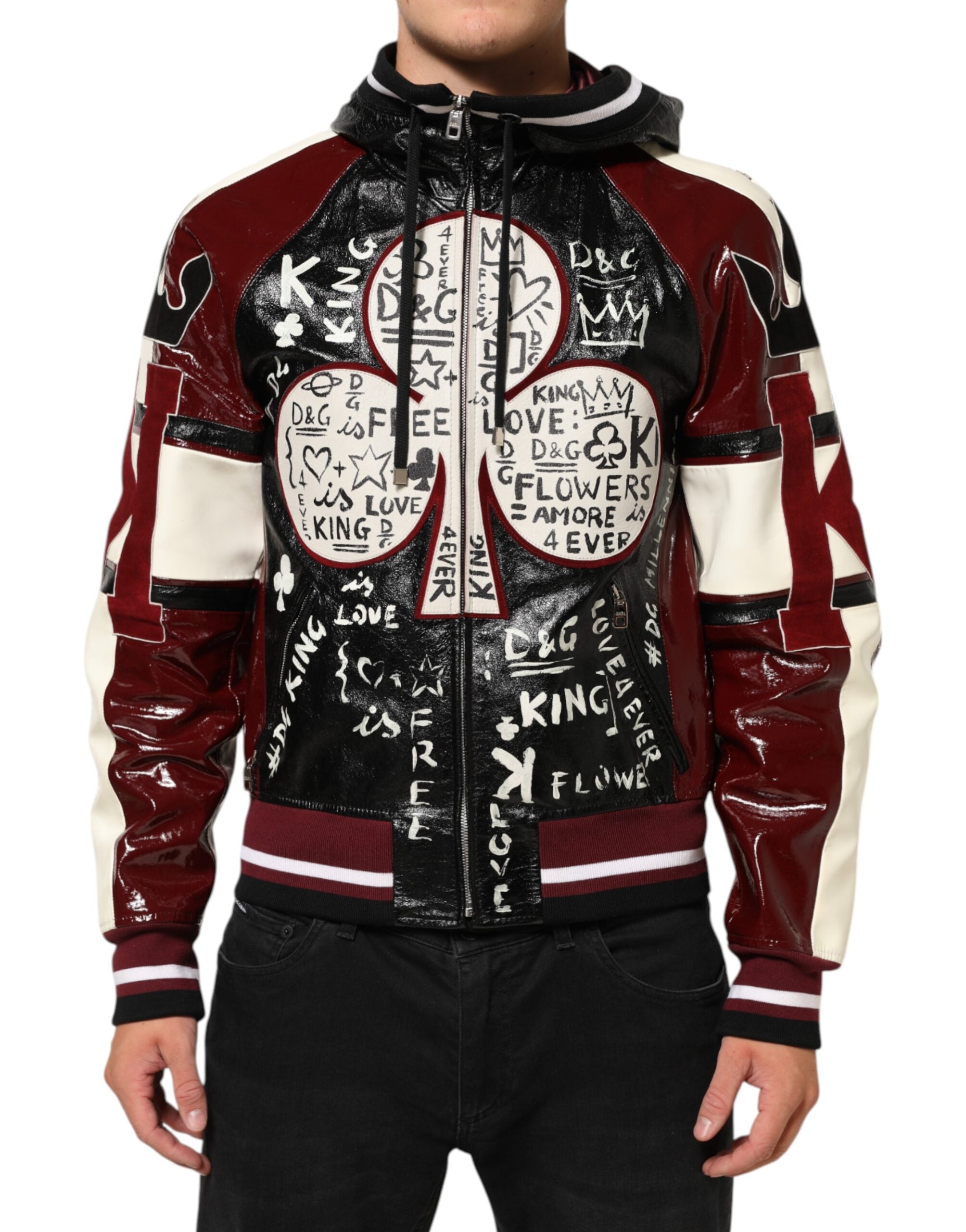 Dolce & Gabbana Multicolor Kapuzen Leder DG King Männer Biker Jacke
