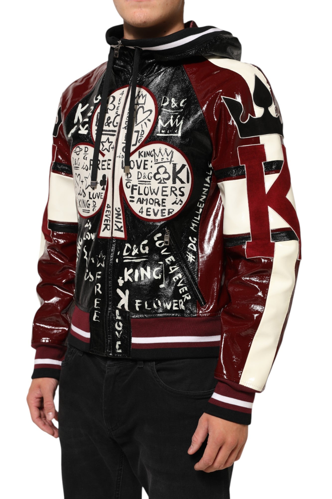 Dolce & Gabbana Multicolor Kapuzen Leder DG King Männer Biker Jacke