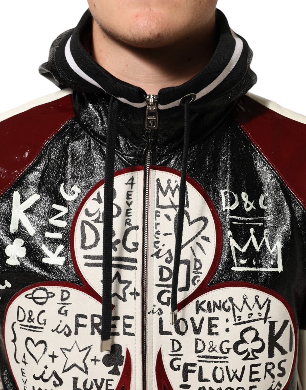 Dolce & Gabbana Multicolor Kapuzen Leder DG King Männer Biker Jacke