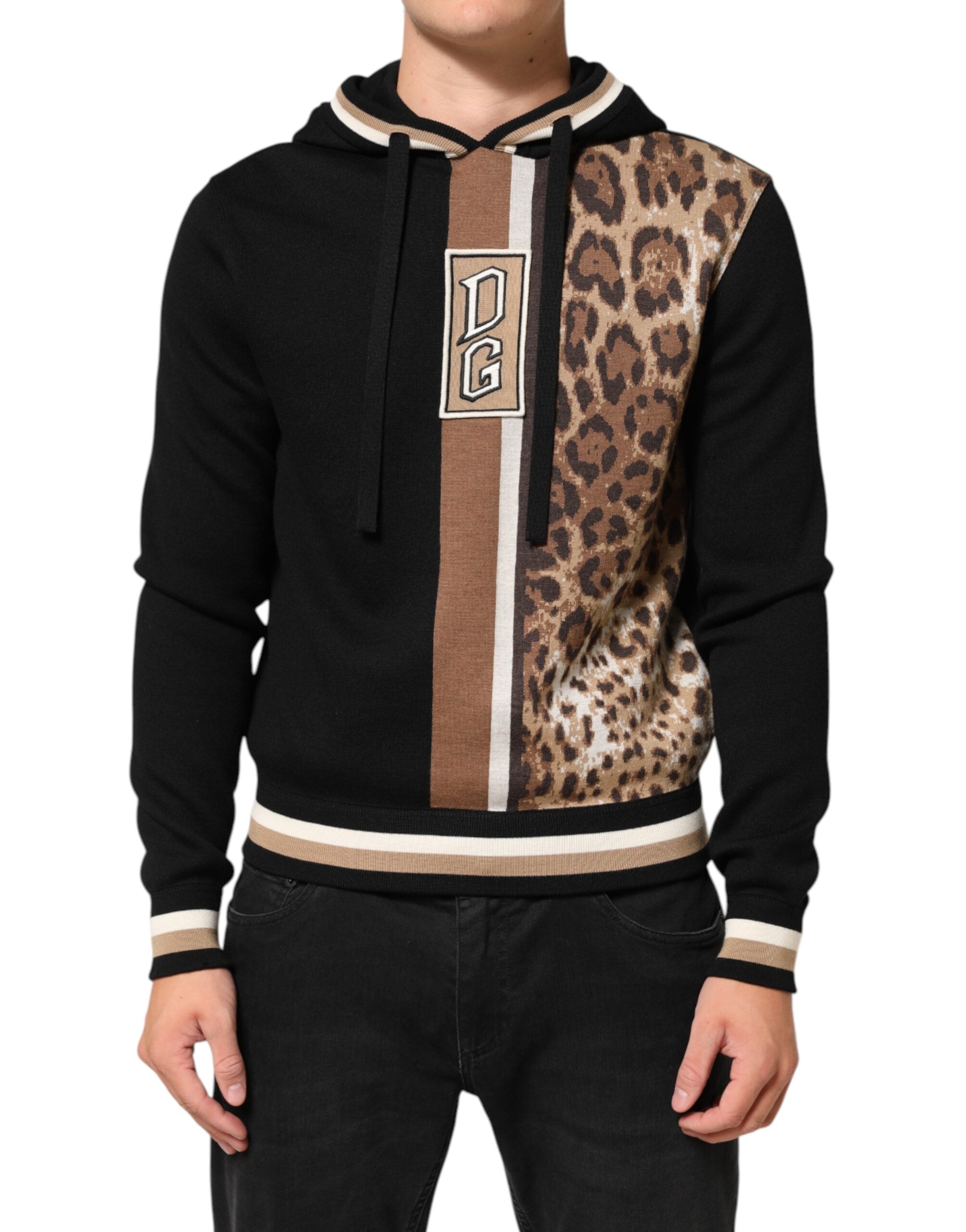 Dolce & Gabbana Schwarzes Leoparden-Logo-Sweatshirt mit Kapuze Pullover