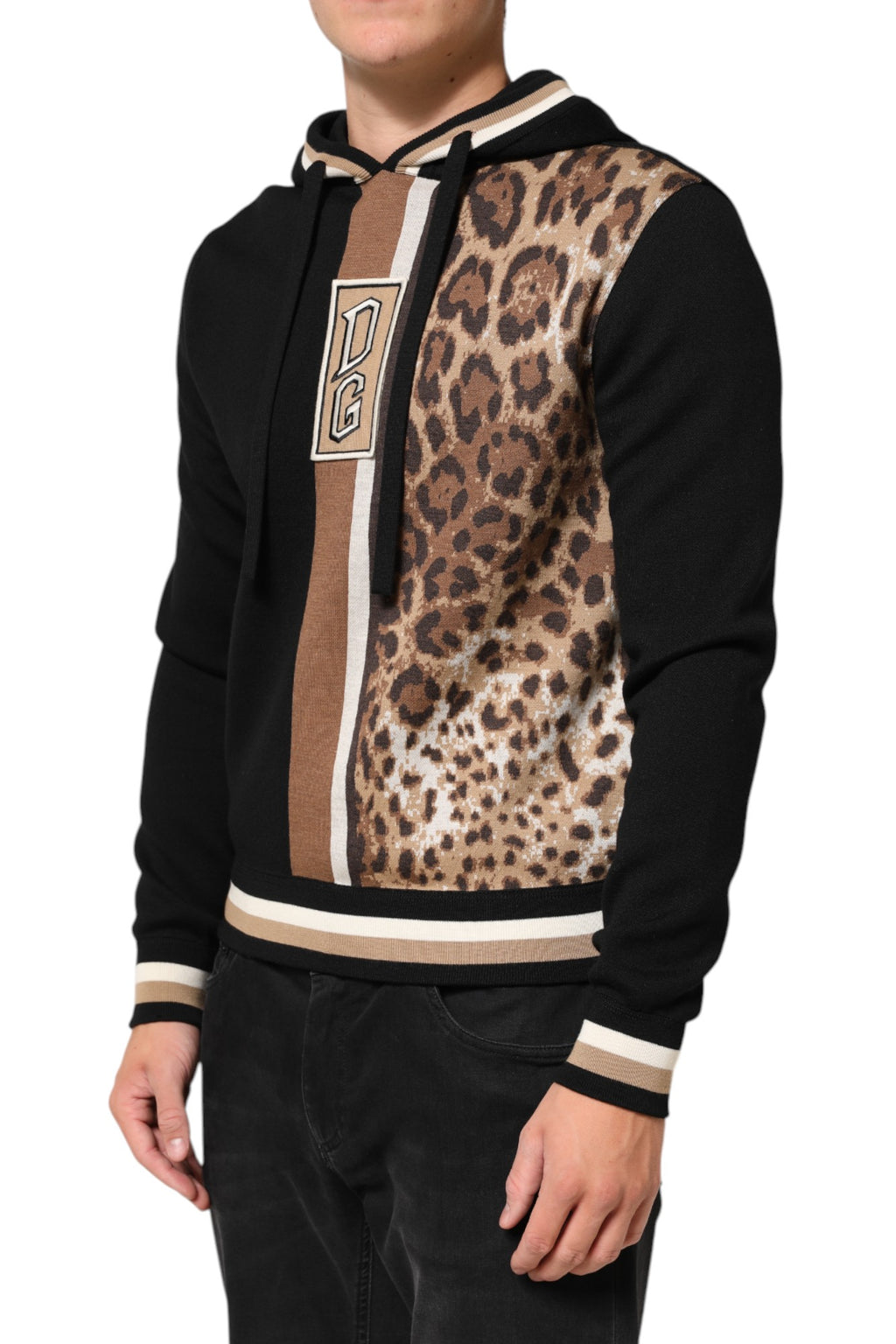 Dolce & Gabbana Schwarzes Leoparden-Logo-Sweatshirt mit Kapuze Pullover