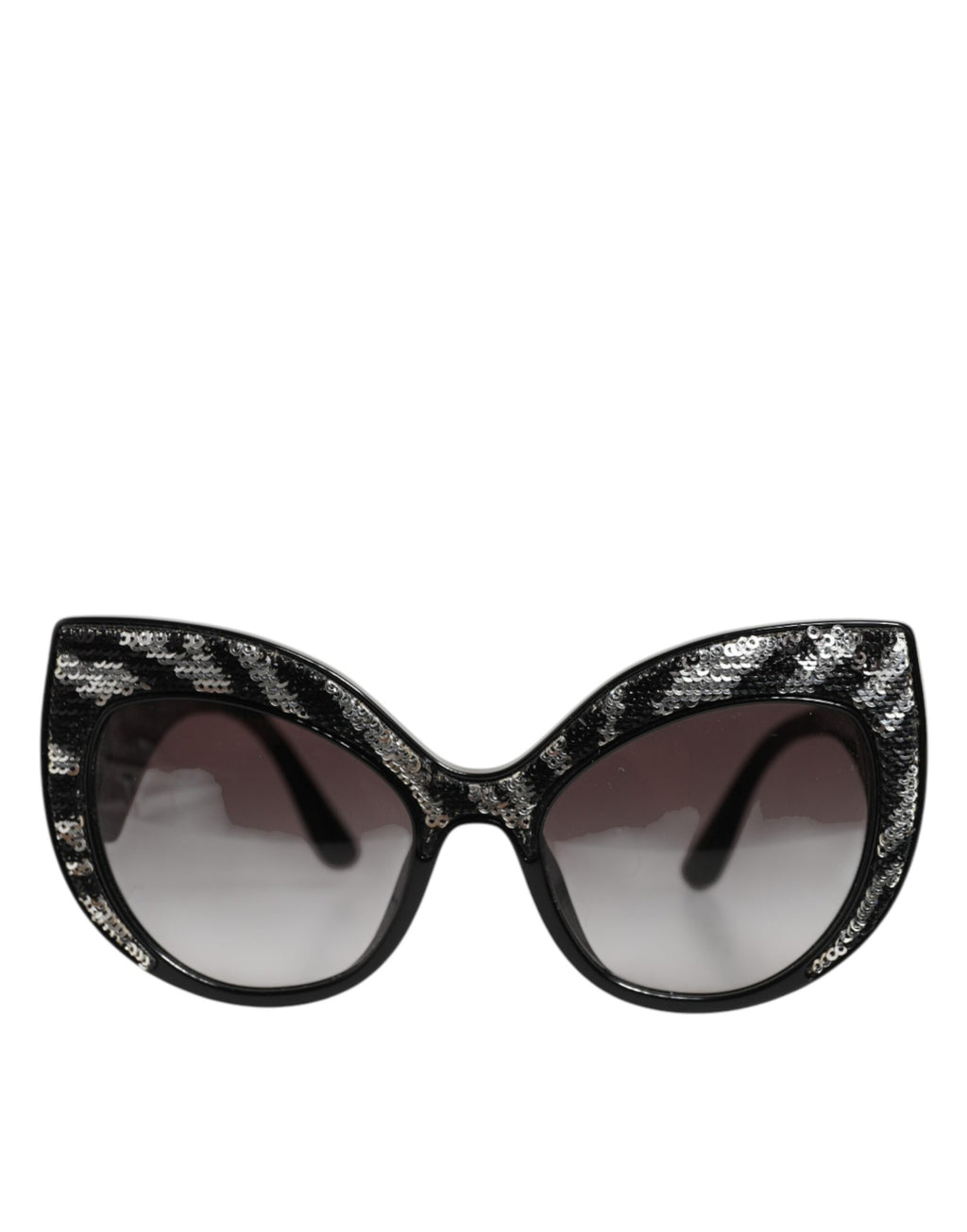Dolce & Gabbana Sonnenbrille mit Schmetterlingsrahmen, Schwarz und Silber mit Pailletten