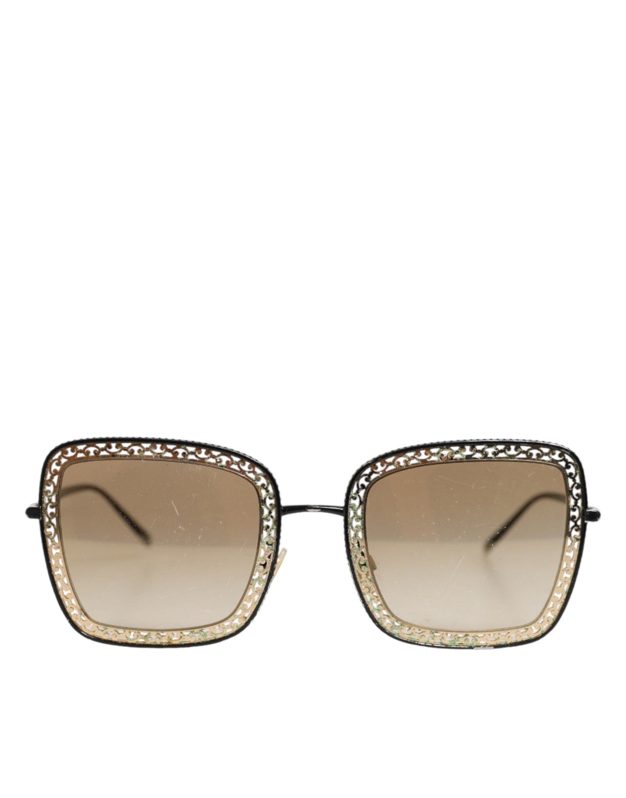 Dolce & Gabbana DG2225 Sonnenbrille mit schwarzer und goldener Spitze und braunen Verlaufsgläsern