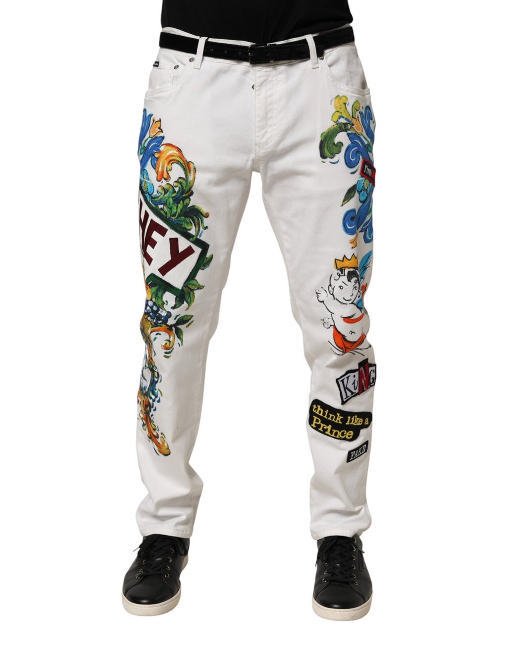 Dolce & Gabbana Weiße Skinny GOLD Jeans mit Graffiti-Print