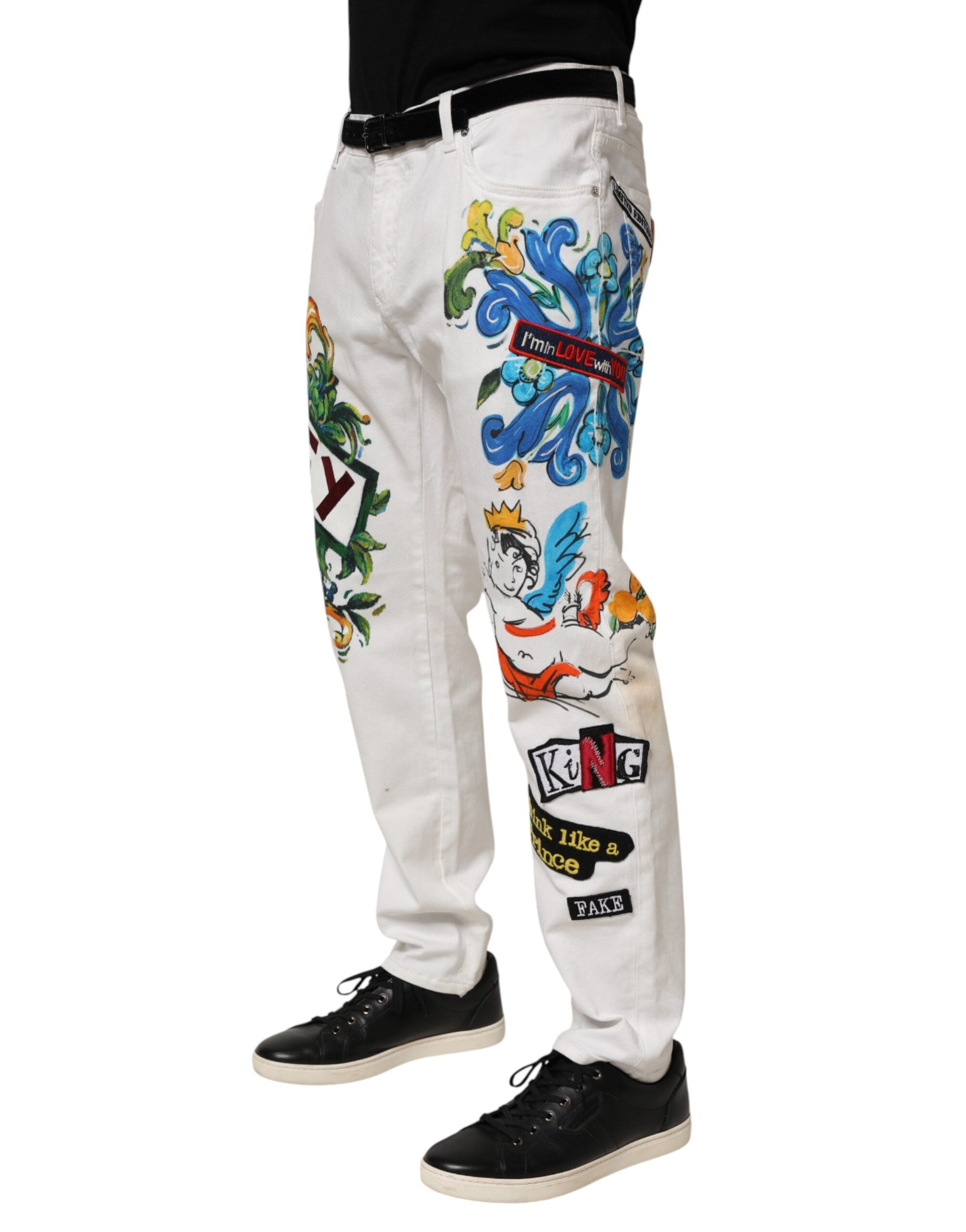 Dolce & Gabbana Weiße Skinny GOLD Jeans mit Graffiti-Print