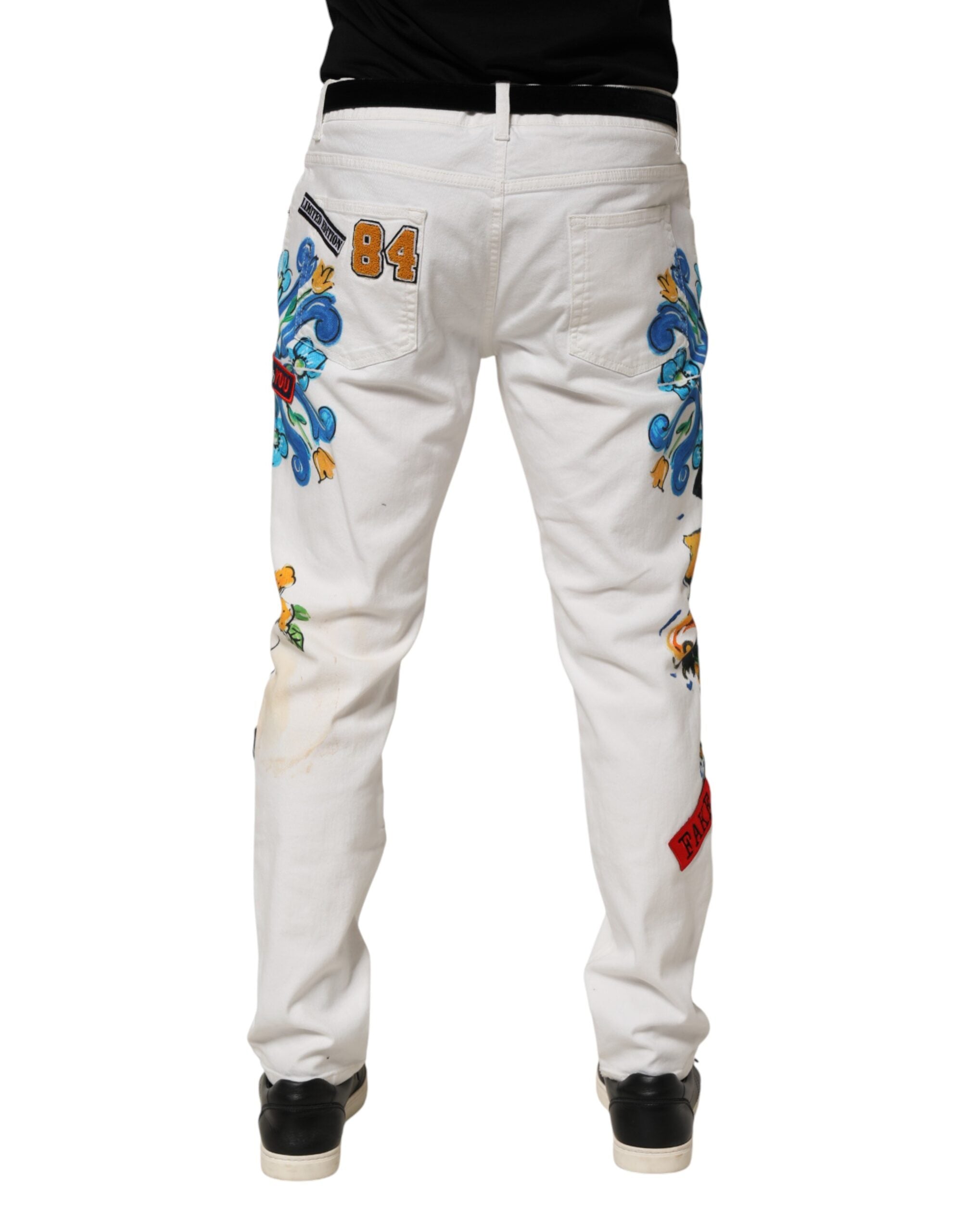 Dolce & Gabbana Weiße Skinny GOLD Jeans mit Graffiti-Print