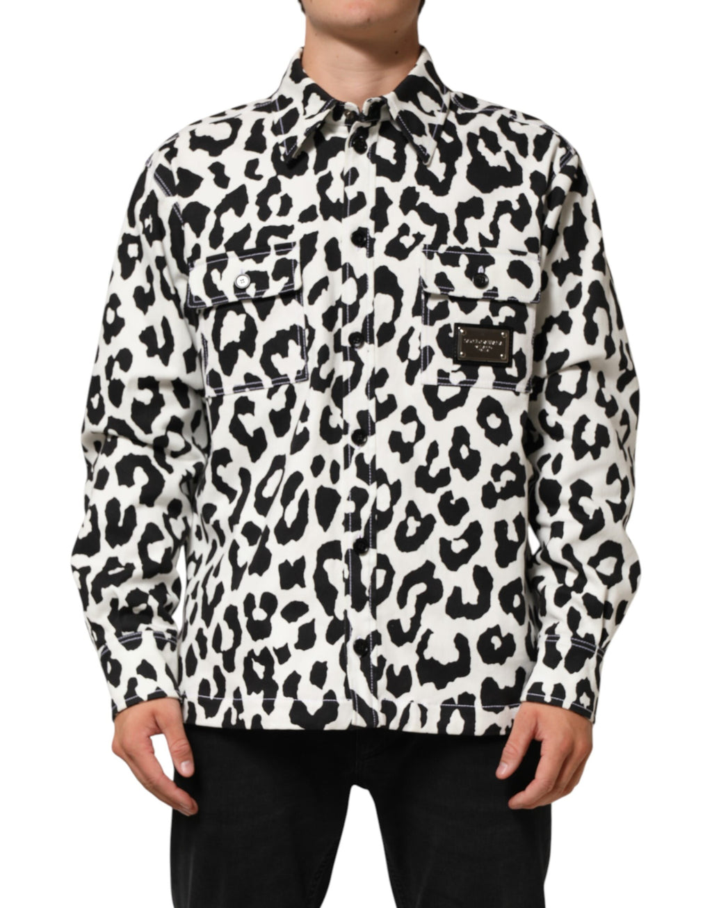 Dolce & Gabbana Schwarzer und Weißer Leoparden-Jeans-Blouson-Pullover