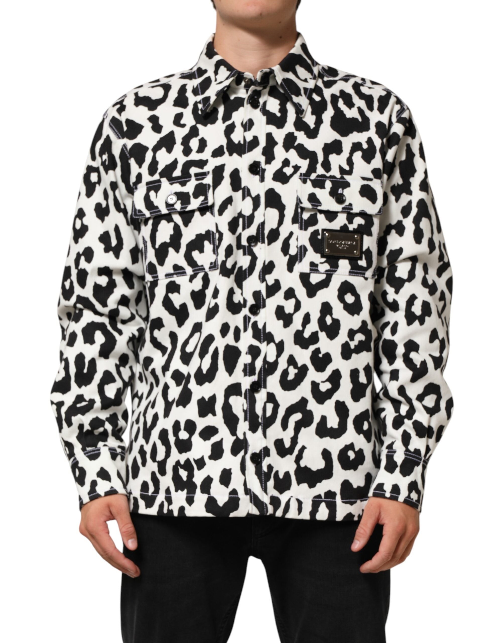 Dolce & Gabbana Schwarzer und Weißer Leoparden-Jeans-Blouson-Pullover