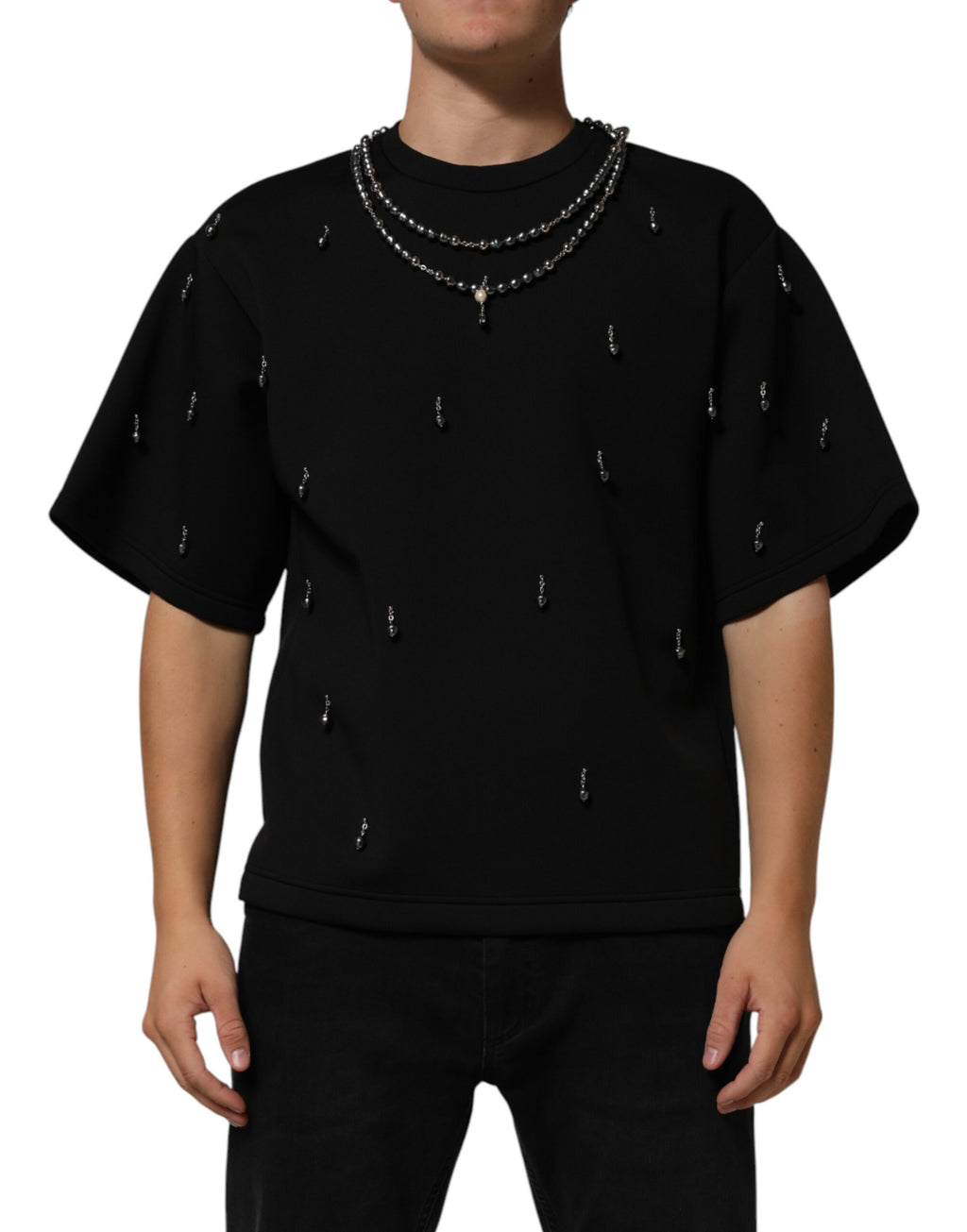 Dolce & Gabbana Schwarzes Polyester-T-Shirt mit Schmuckkragen