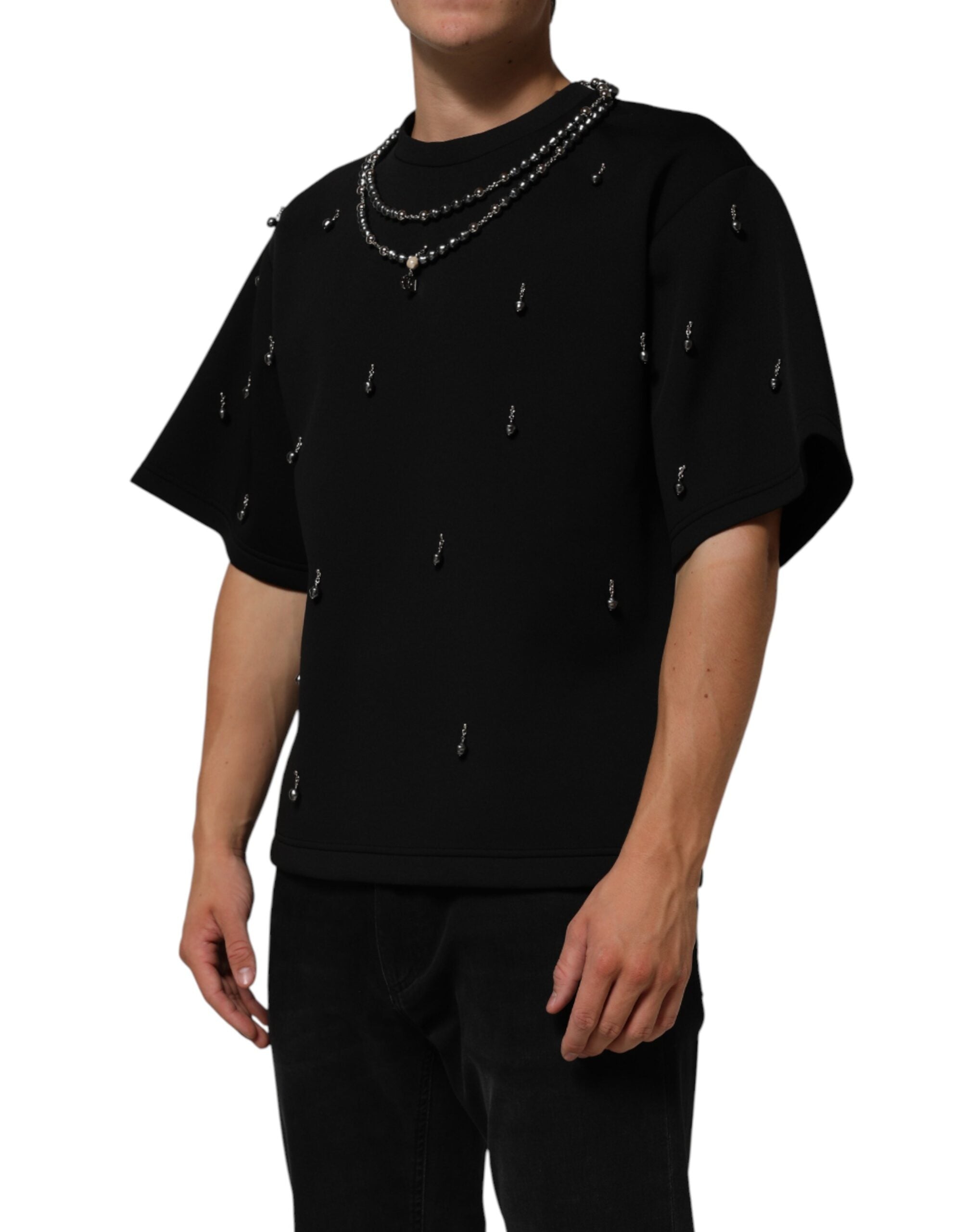 Dolce & Gabbana Schwarzes Polyester-T-Shirt mit Schmuckkragen