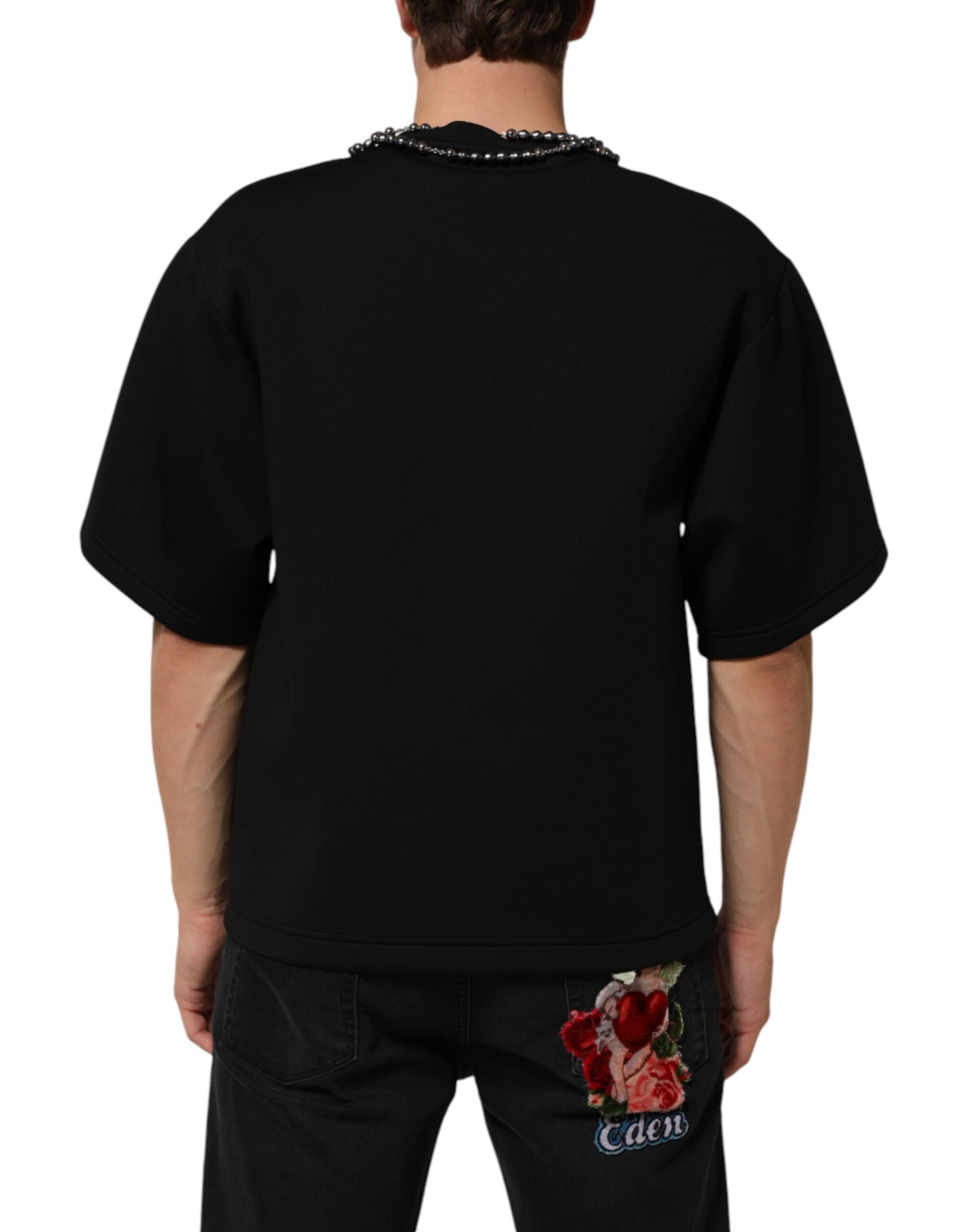 Dolce & Gabbana Schwarzes Polyester-T-Shirt mit Schmuckkragen