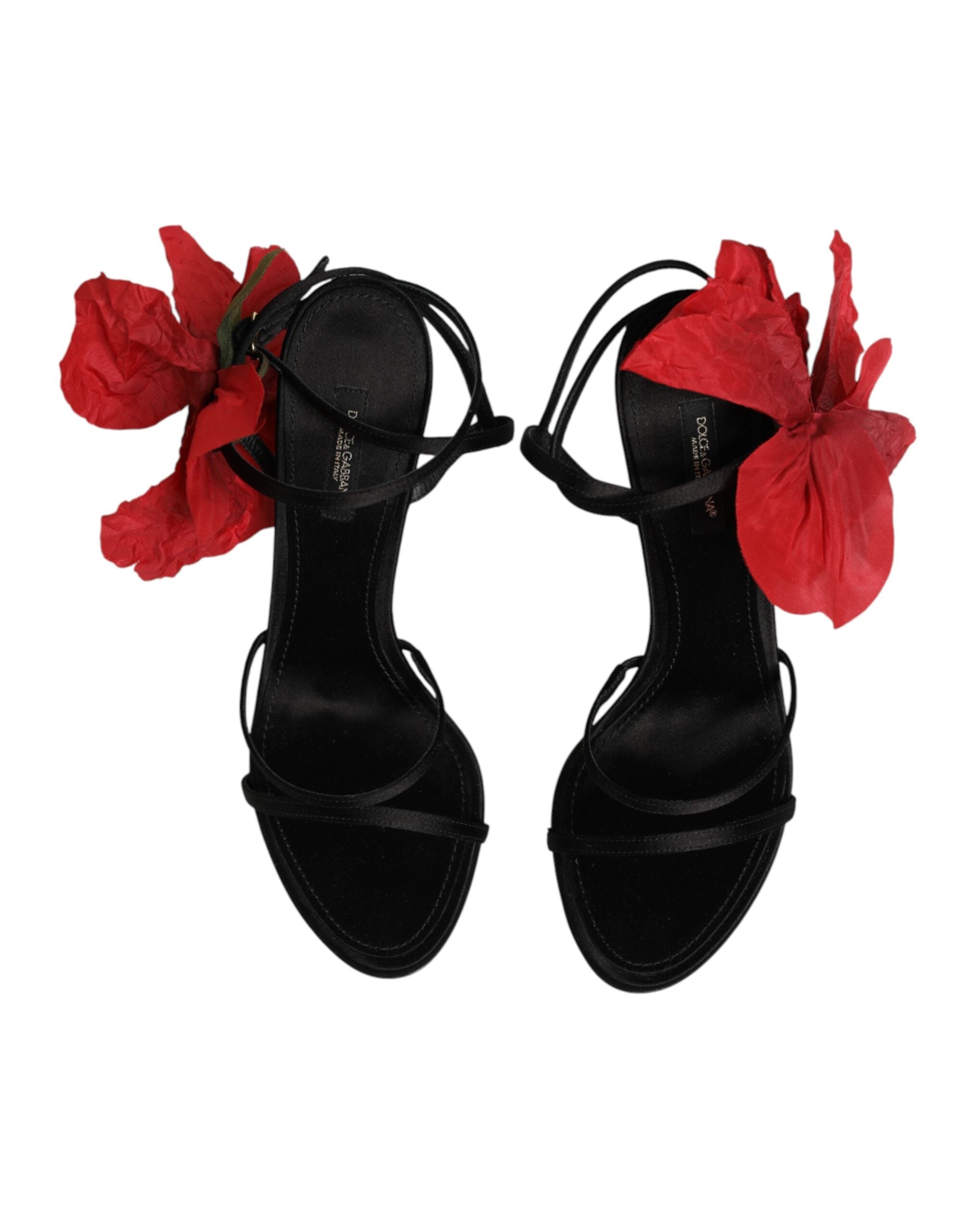 Dolce & Gabbana Schwarze Leder-Sandalen mit Riemchen und Blumen-Applikation