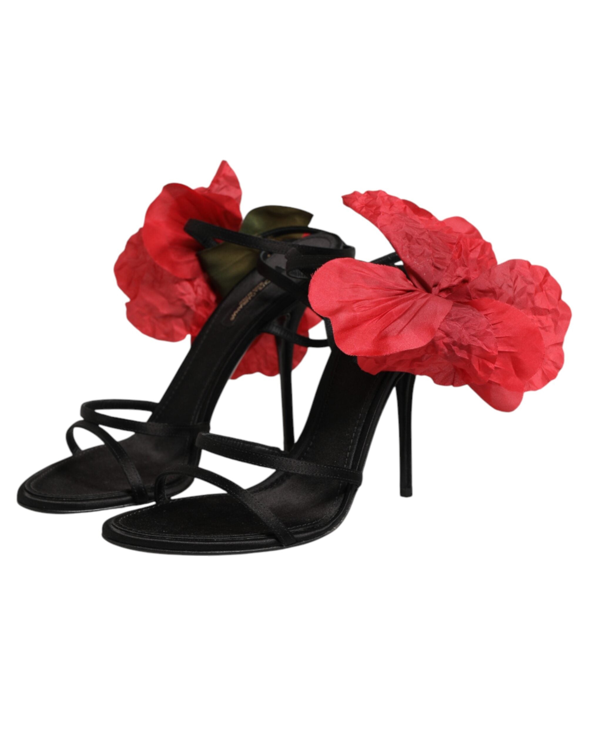 Dolce & Gabbana Schwarze Leder-Sandalen mit Riemchen und Blumen-Applikation
