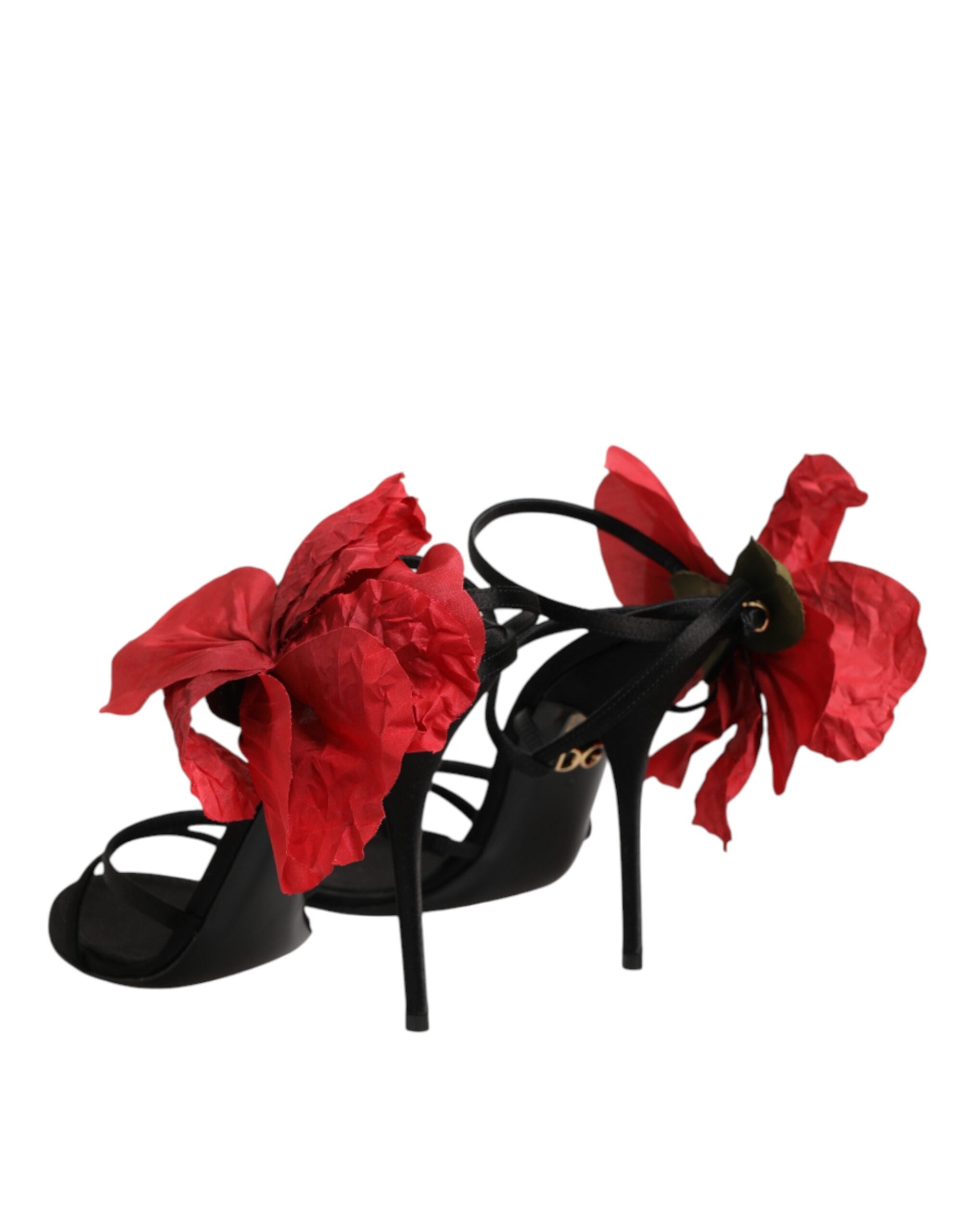 Dolce & Gabbana Schwarze Leder-Sandalen mit Riemchen und Blumen-Applikation