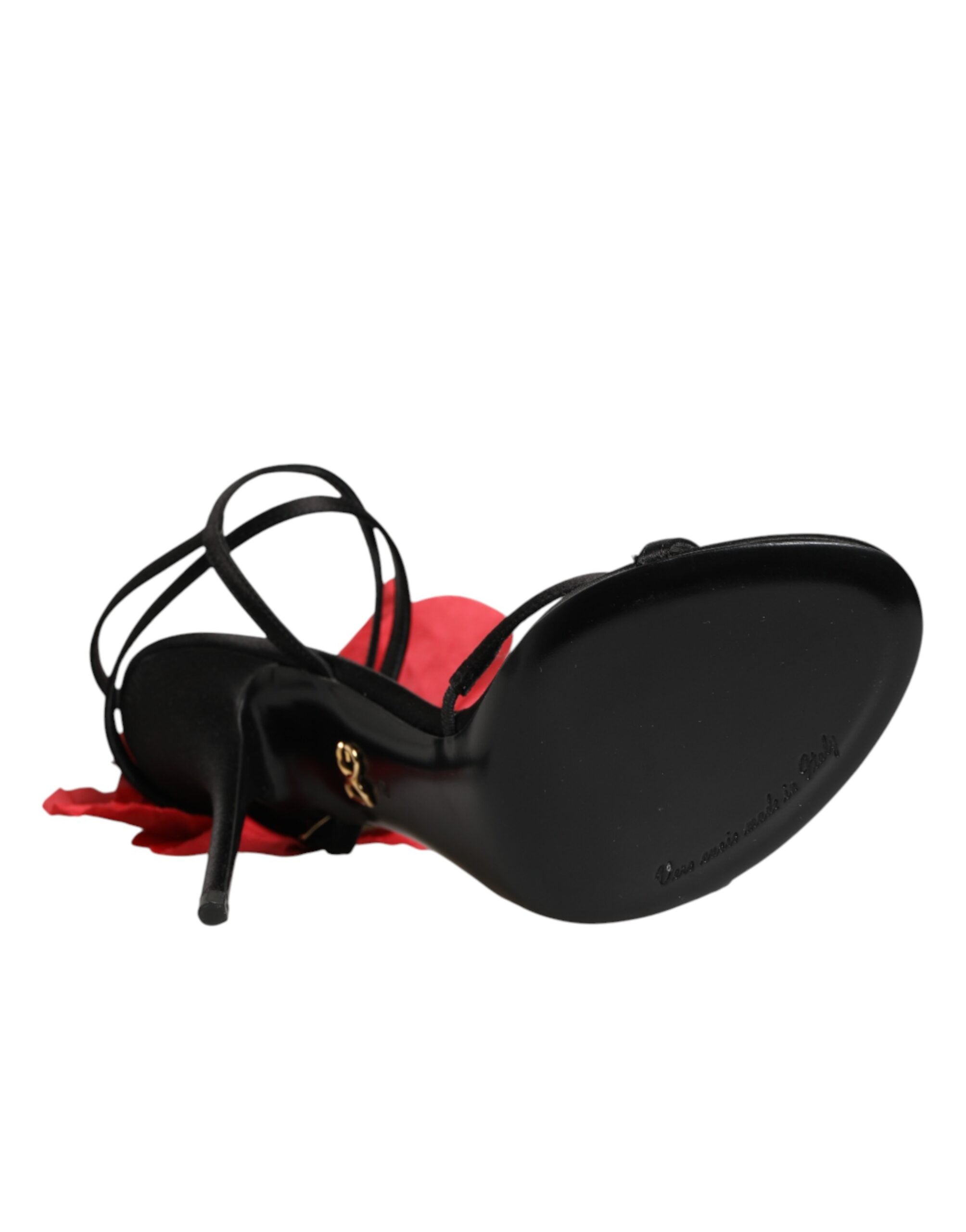 Dolce & Gabbana Schwarze Leder-Sandalen mit Riemchen und Blumen-Applikation