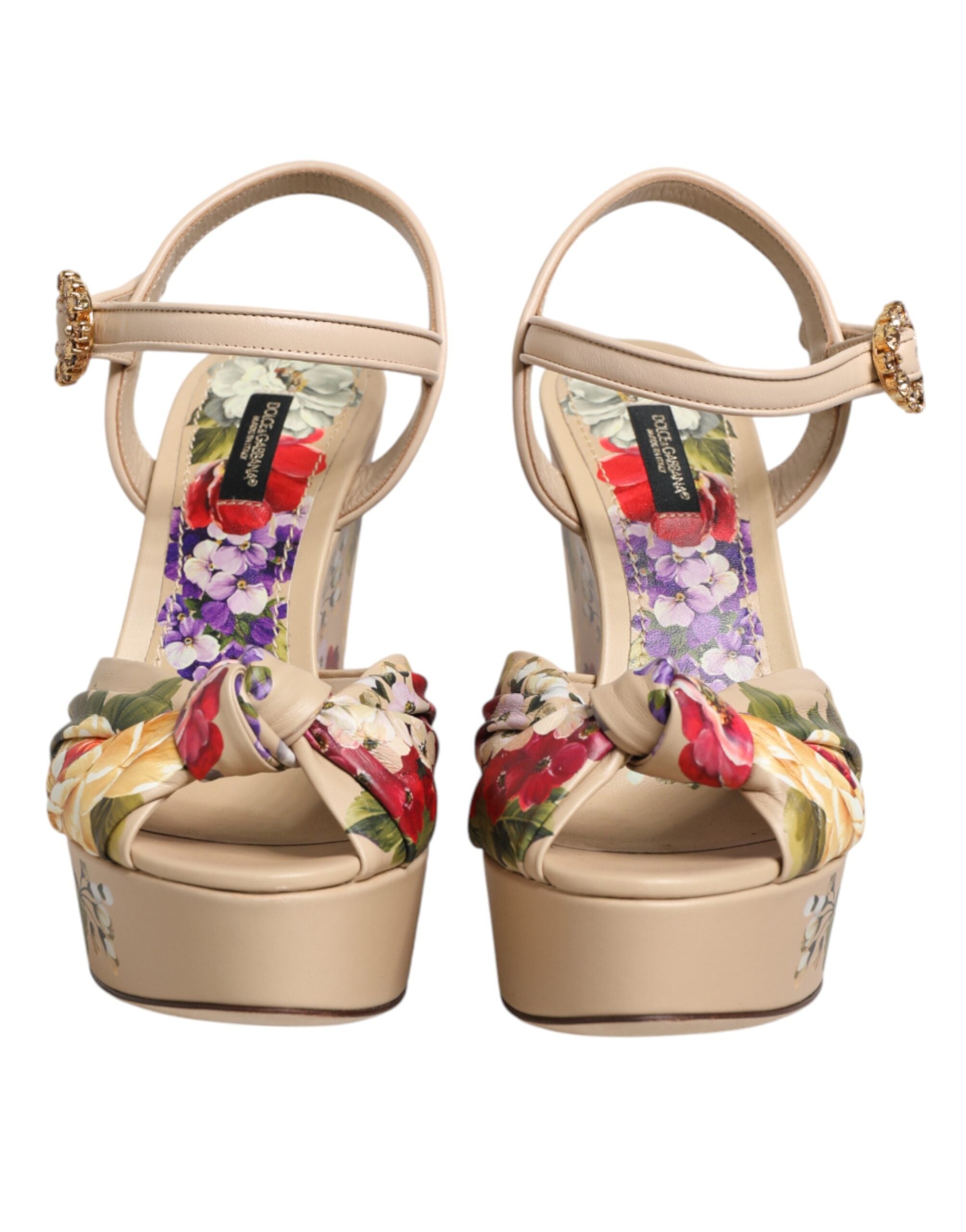 Dolce & Gabbana Beigefarbene Keil-Sandalen mit Blumenmuster und Knöchelriemen