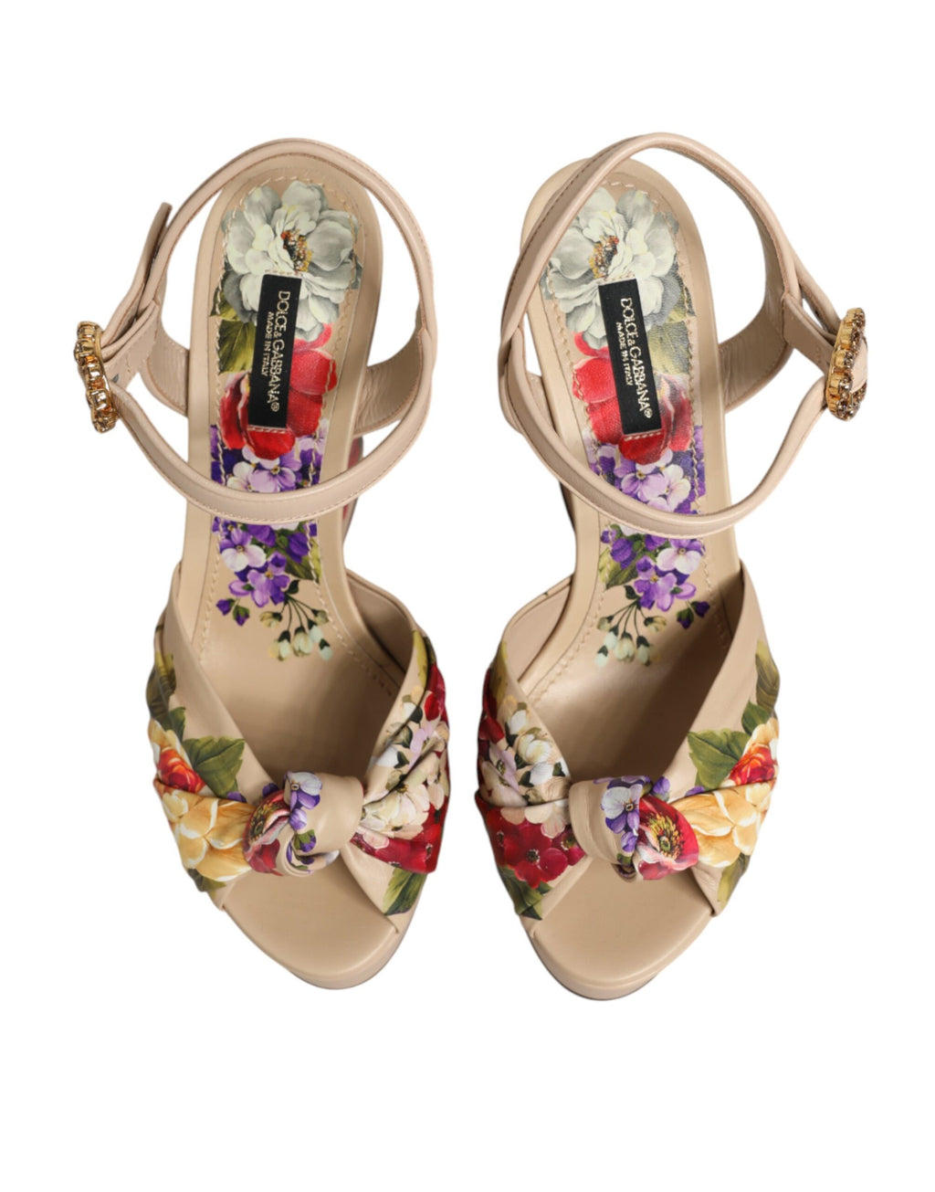 Dolce & Gabbana Beigefarbene Keil-Sandalen mit Blumenmuster und Knöchelriemen