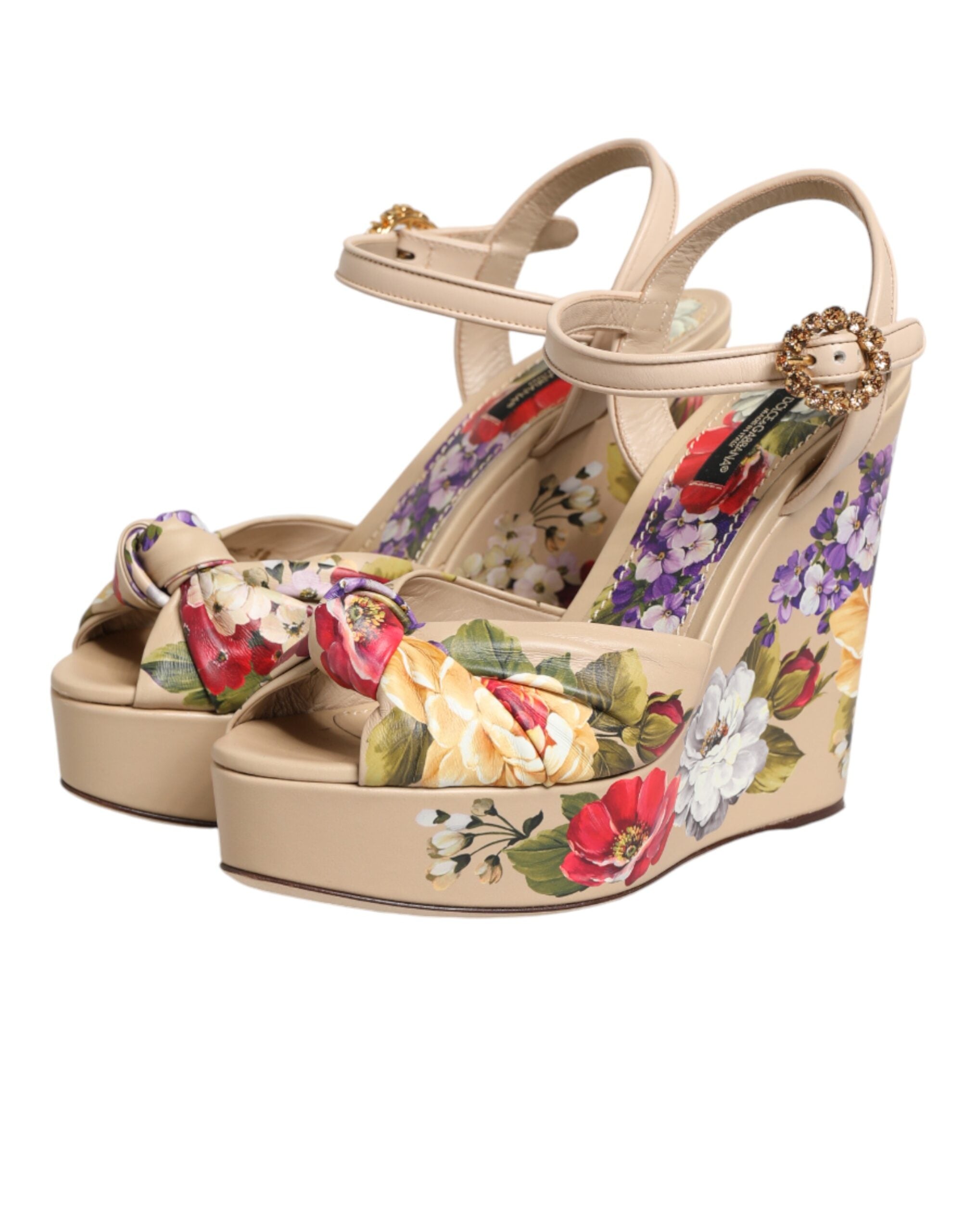Dolce & Gabbana Beigefarbene Keil-Sandalen mit Blumenmuster und Knöchelriemen