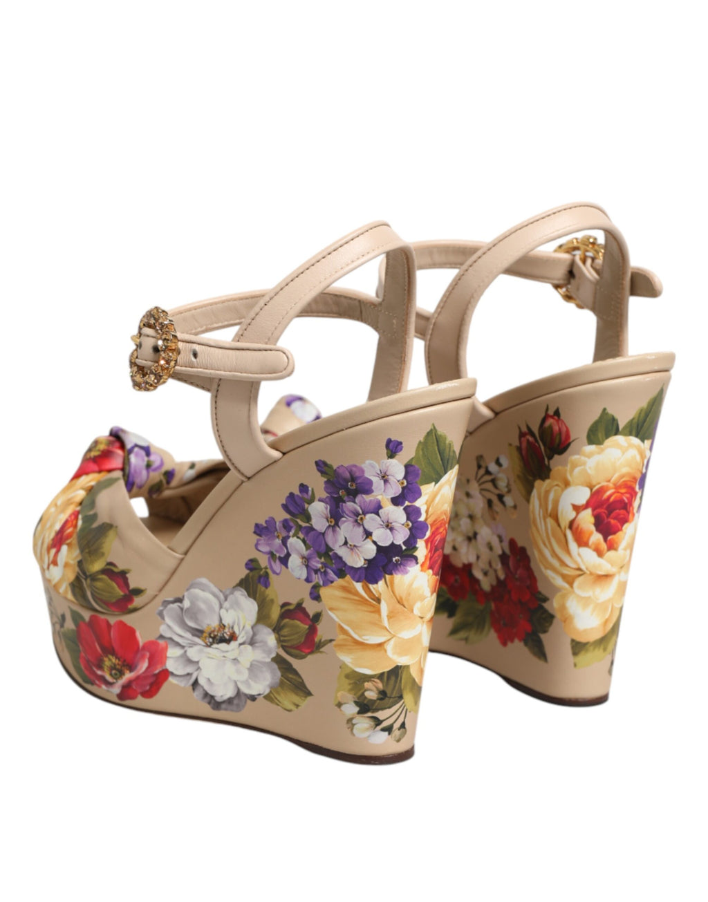 Dolce & Gabbana Beigefarbene Keil-Sandalen mit Blumenmuster und Knöchelriemen