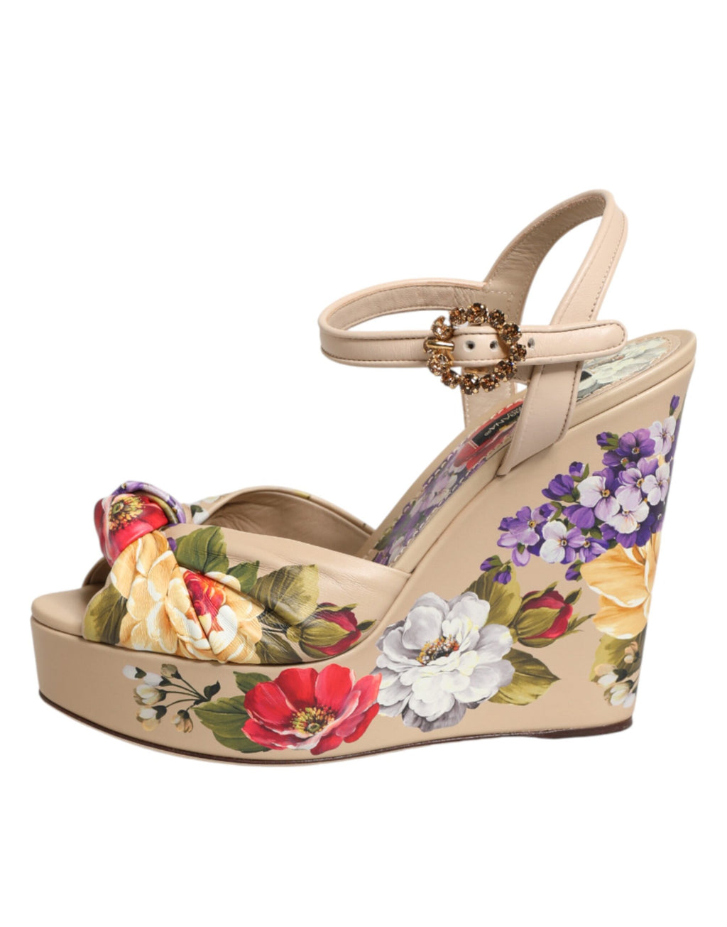 Dolce & Gabbana Beigefarbene Keil-Sandalen mit Blumenmuster und Knöchelriemen