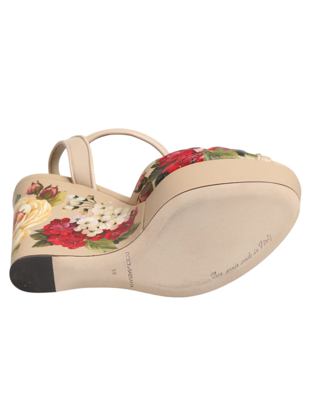 Dolce & Gabbana Beigefarbene Keil-Sandalen mit Blumenmuster und Knöchelriemen